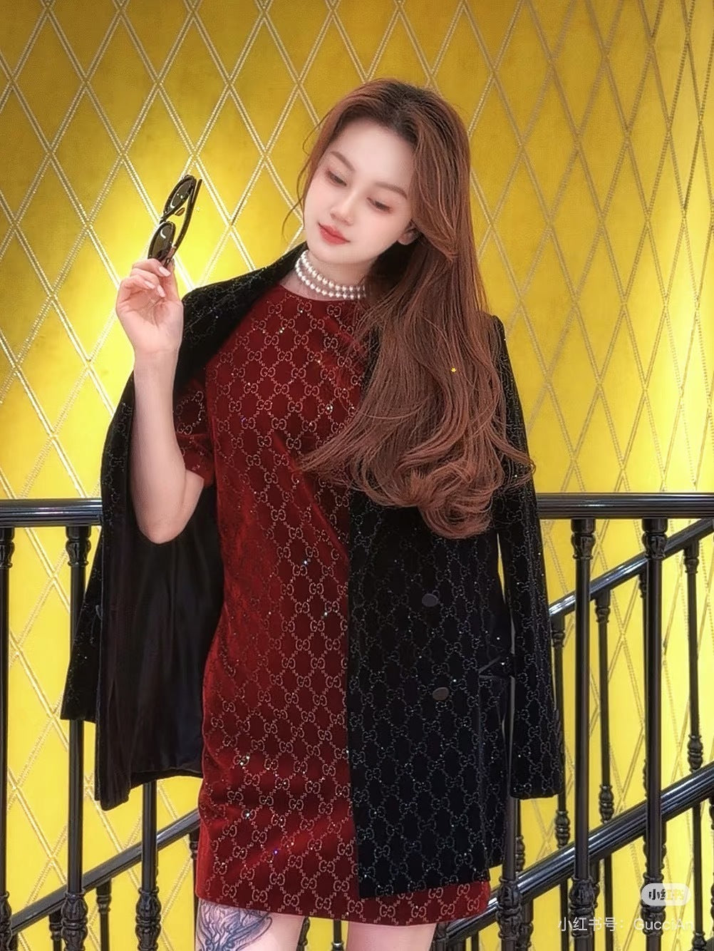 Embroidered Cotton Velvet Mini Dress – Rosso Ancora with Allover GG Crystals
