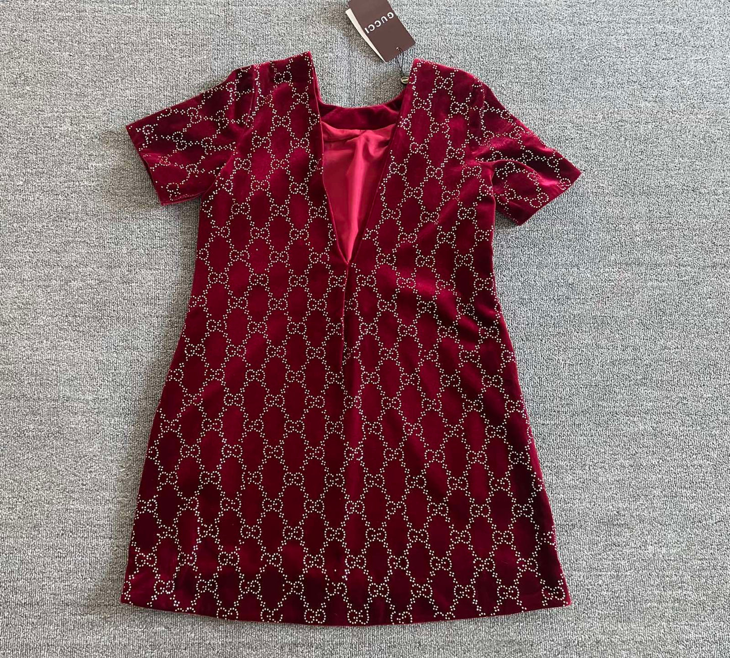 Embroidered Cotton Velvet Mini Dress – Rosso Ancora with Allover GG Crystals