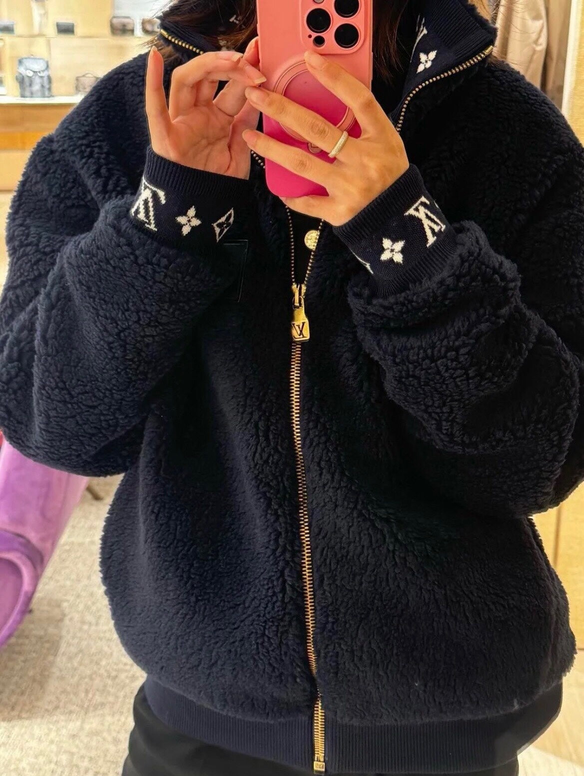 LV Monogram Trim Fleece Blouson – High-Pile Sherpa Teddy Jacket