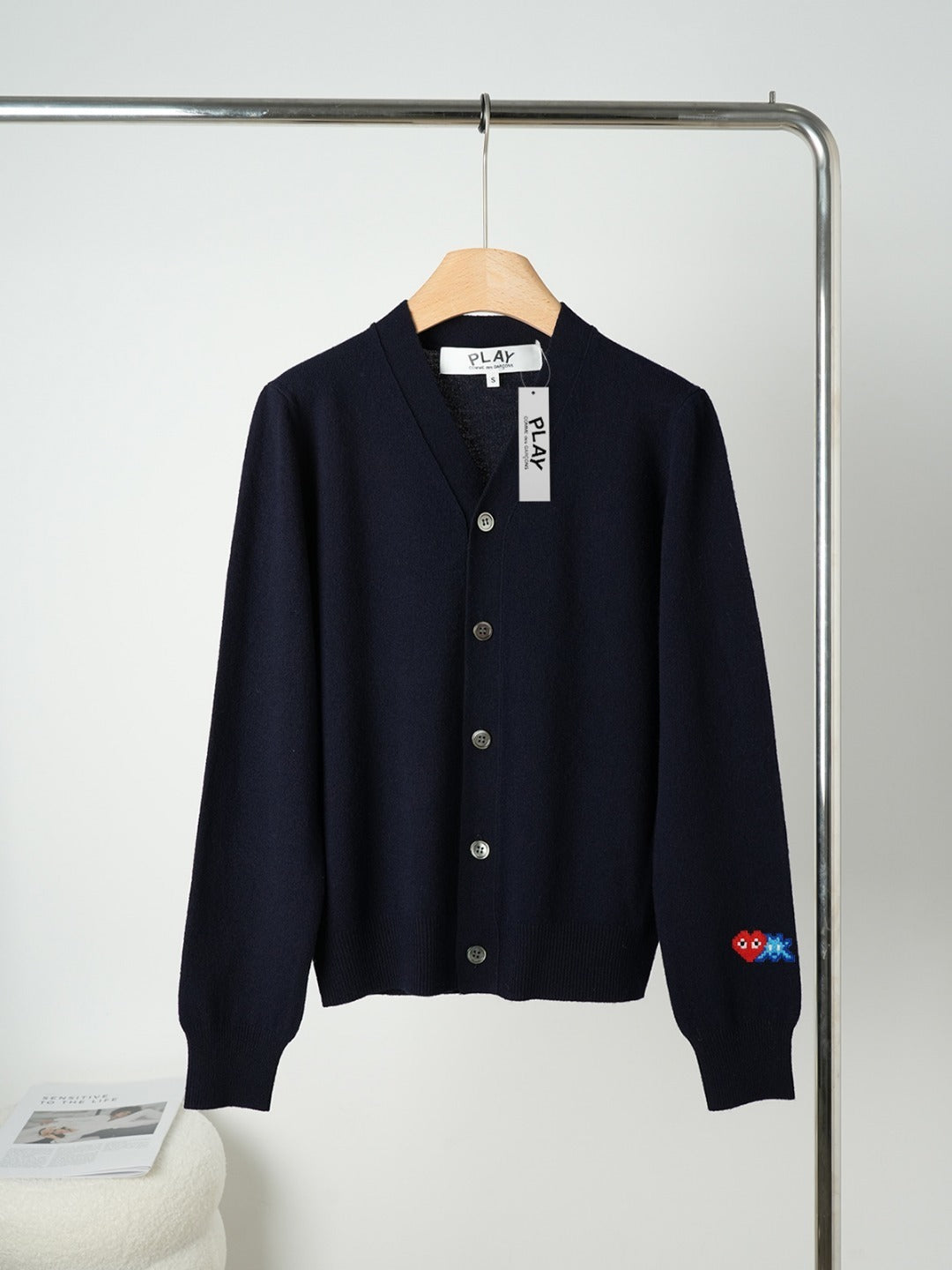 V-Neck Knit Cardigan – Navy-Blue Wool Sweater with Cuff Embroidered Red Heart Logo