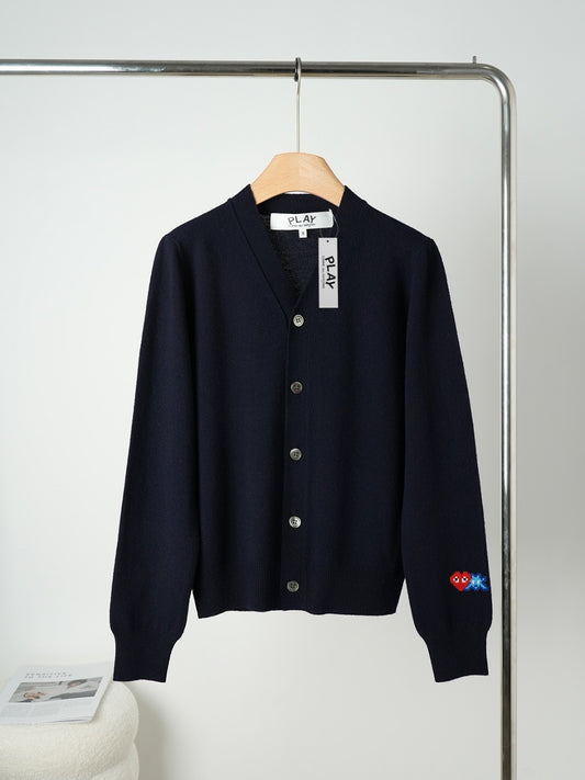 V-Neck Knit Cardigan – Navy-Blue Wool Sweater with Cuff Embroidered Red Heart Logo
