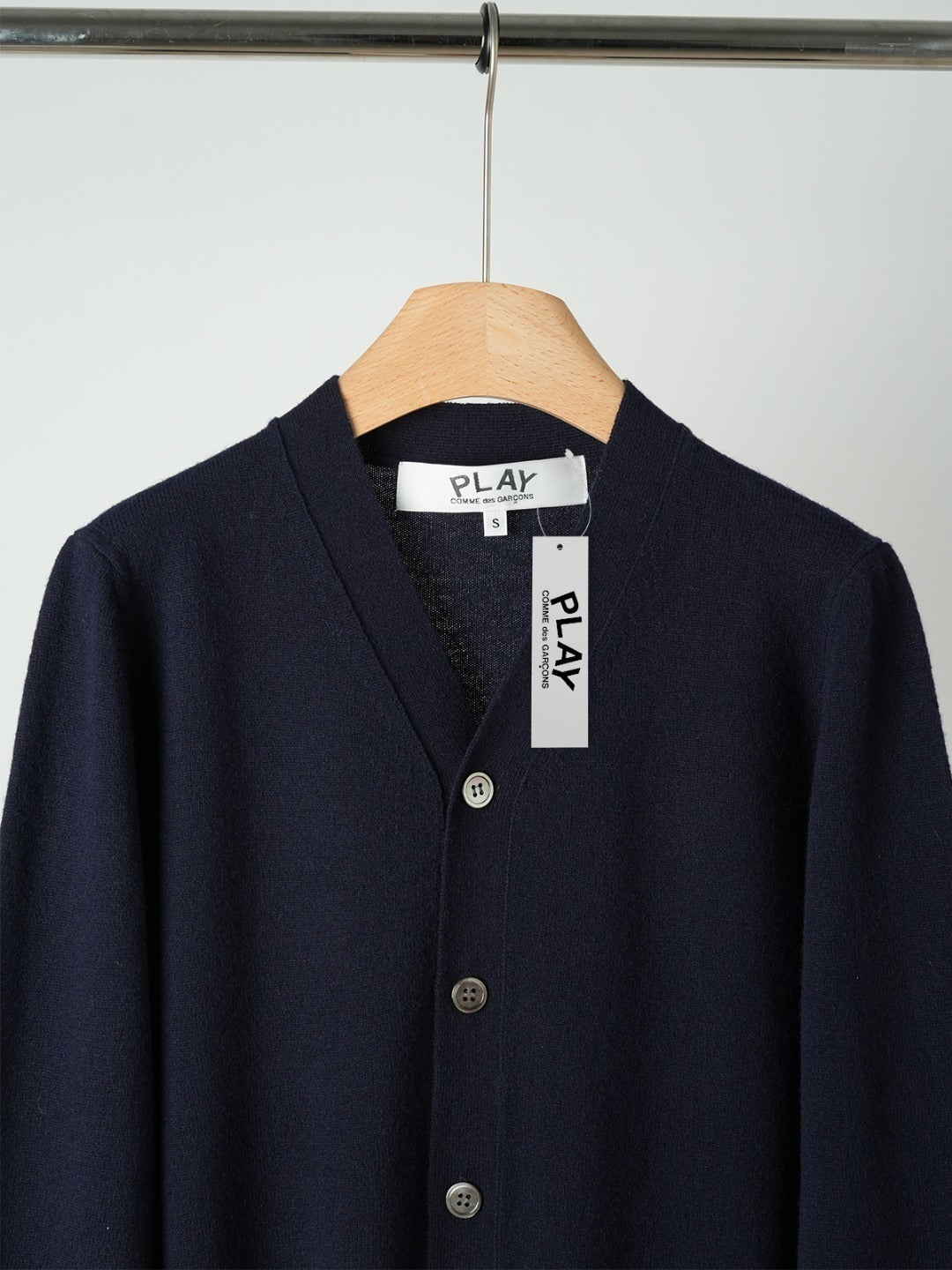 V-Neck Knit Cardigan – Navy-Blue Wool Sweater with Cuff Embroidered Red Heart Logo