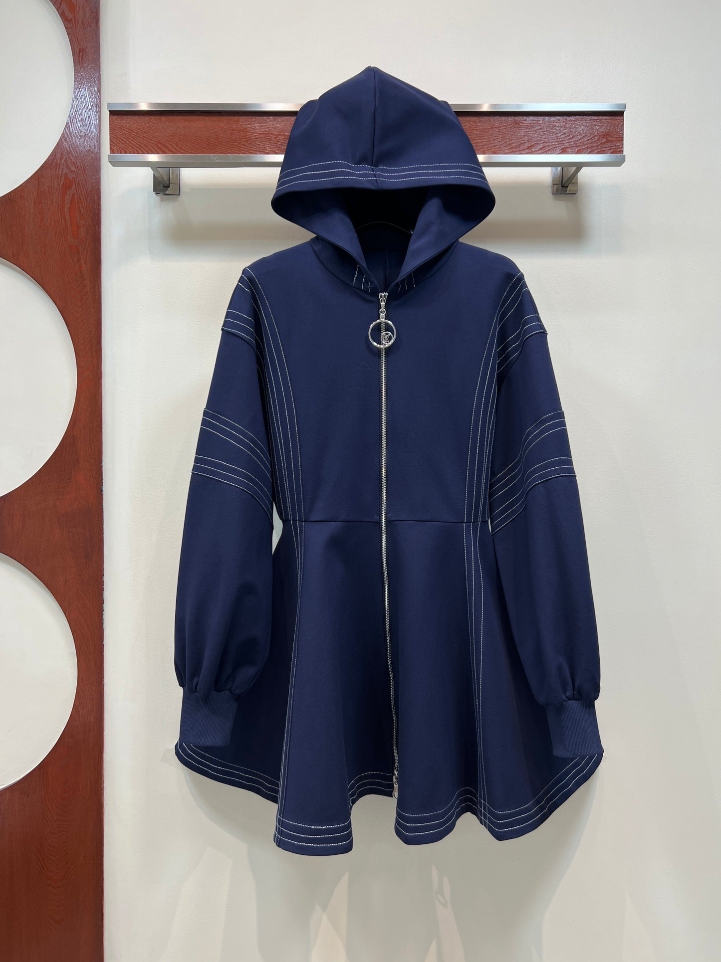 Topstitched LV Hoodie Dress – Navy Cotton-Cashmere Balloon Sleeve Flared Midi