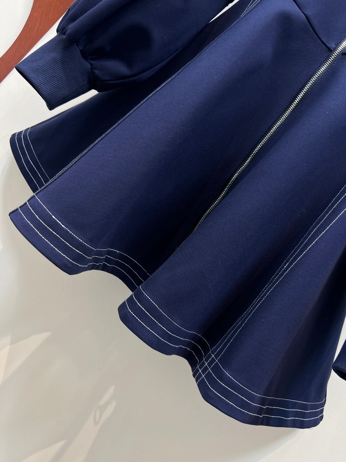 Topstitched LV Hoodie Dress – Navy Cotton-Cashmere Balloon Sleeve Flared Midi