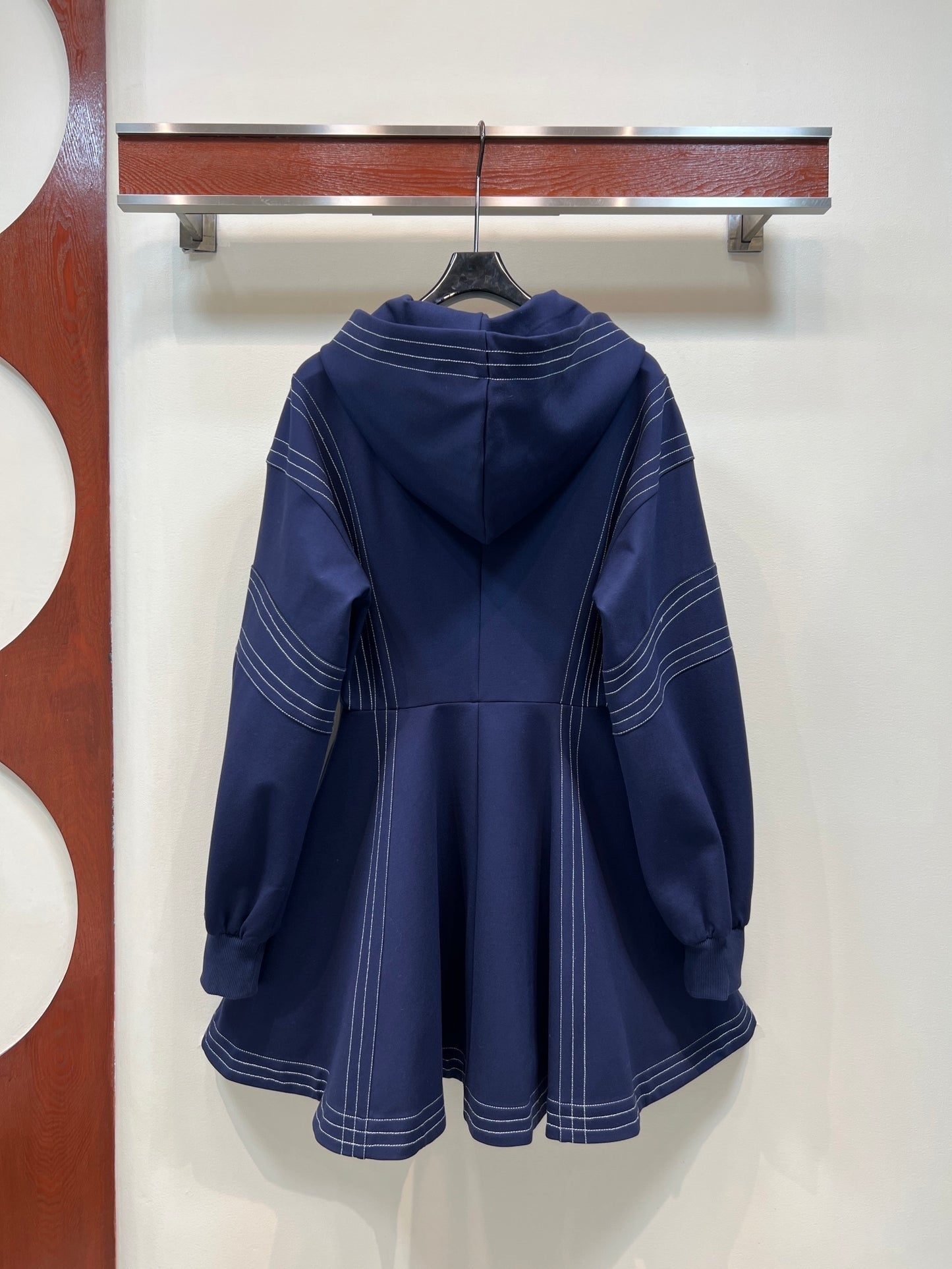 Topstitched LV Hoodie Dress – Navy Cotton-Cashmere Balloon Sleeve Flared Midi