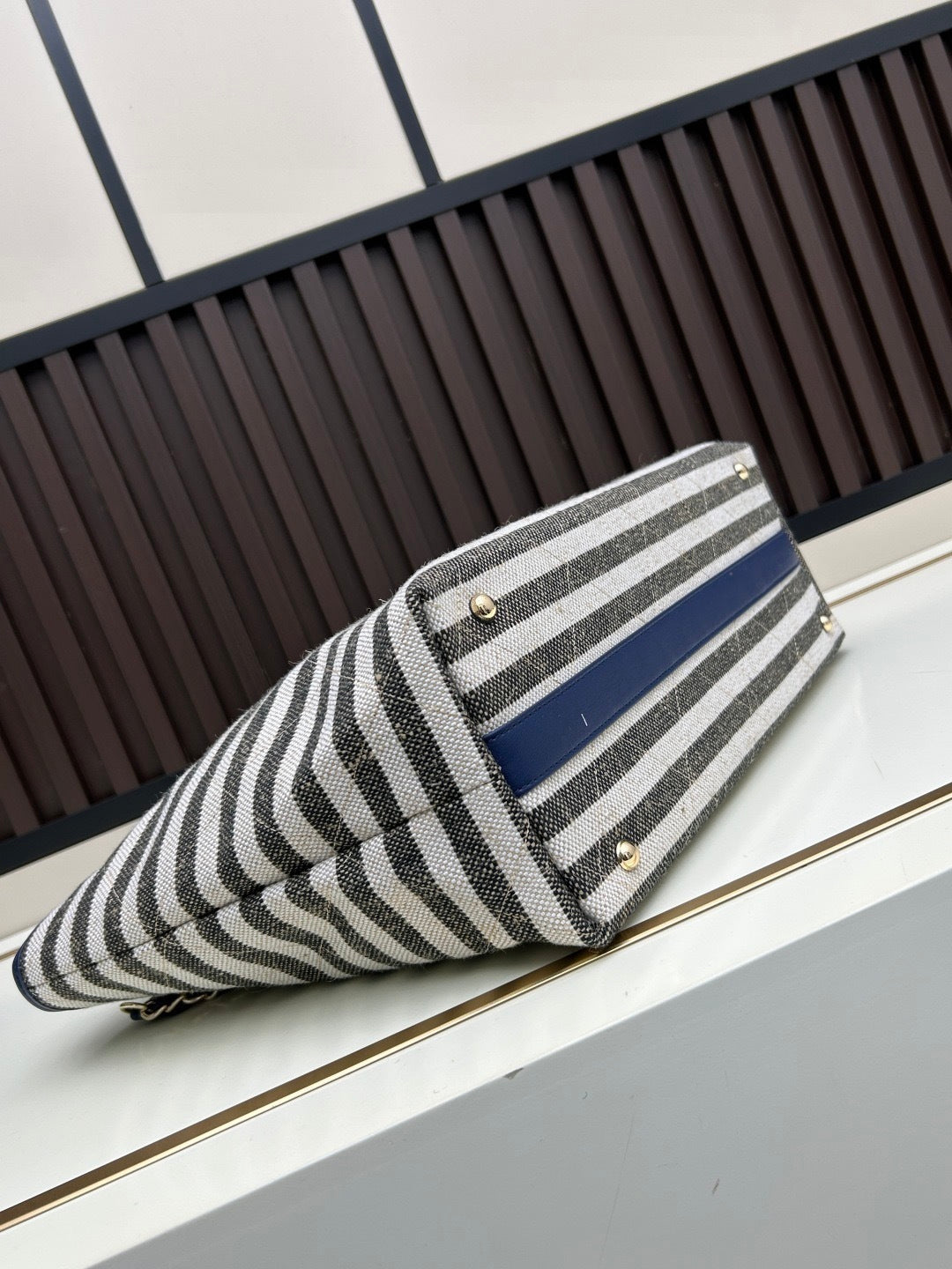 Deauville Striped Canvas Chain Shopping Tote – Navy & Off-White (Large)