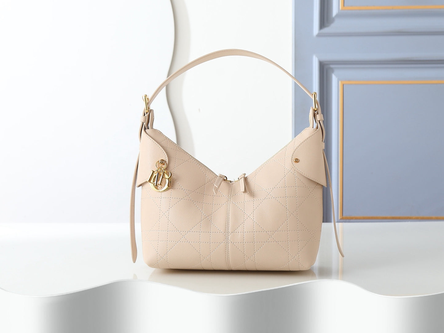 CD Voyage Hobo Bag – Powder Beige Flat Macrocannage Grained Calfskin