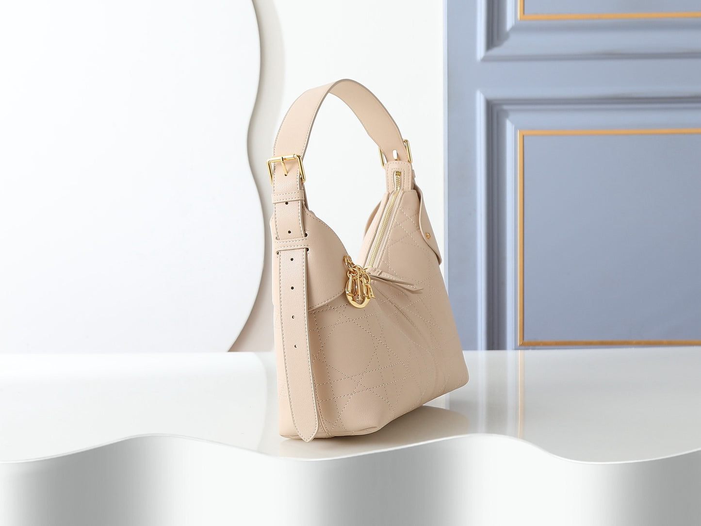 CD Voyage Hobo Bag – Powder Beige Flat Macrocannage Grained Calfskin