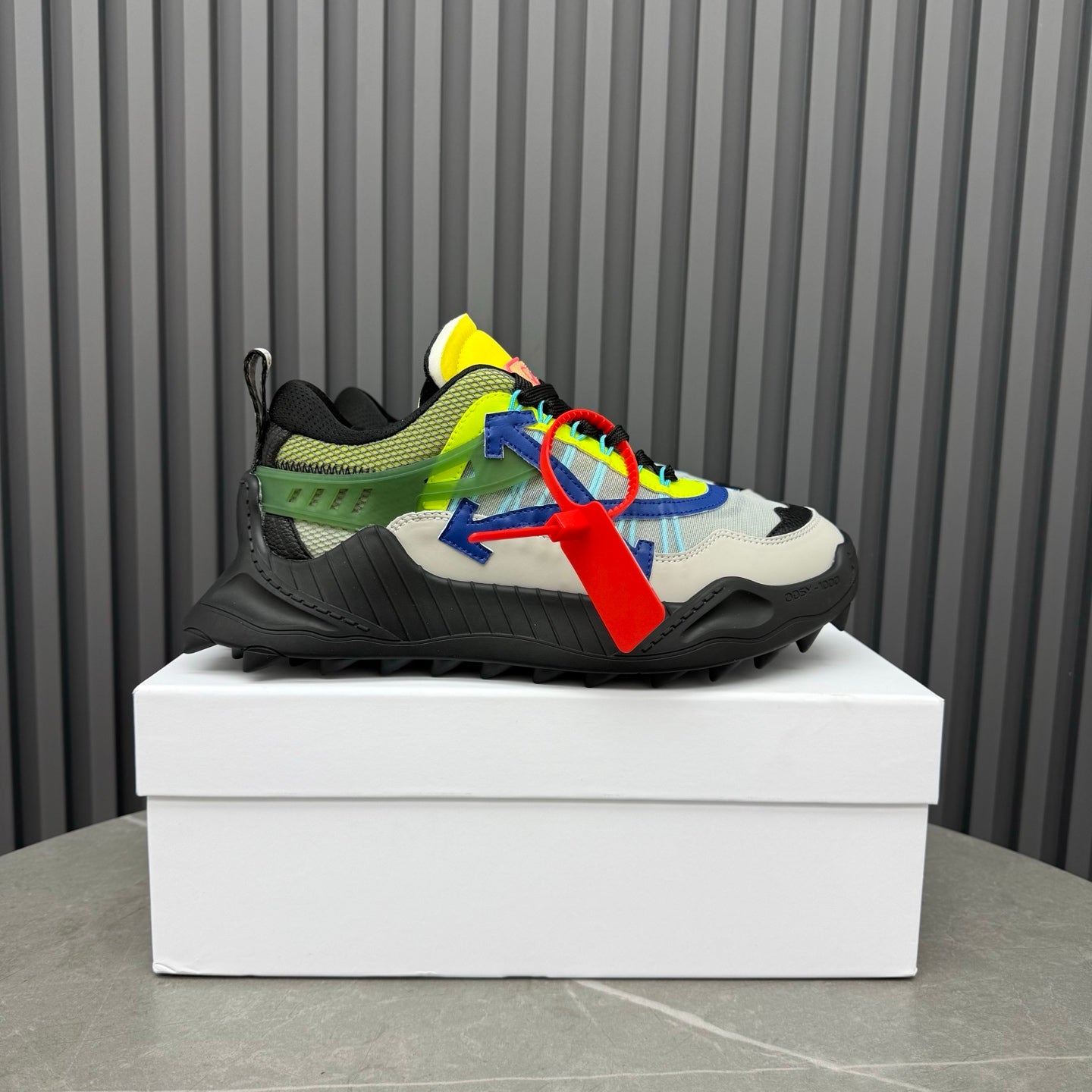 ODSY-1000 Light Grey Multi Sneakers – Matte-Black Spiked Trail Sole Mesh Chunky Sneakers
