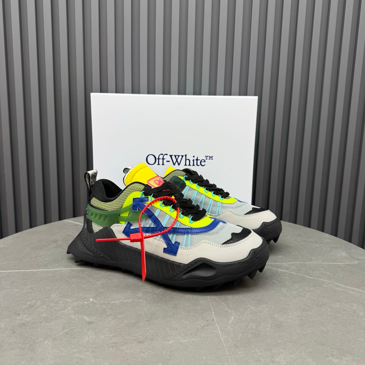 ODSY-1000 Light Grey Multi Sneakers – Matte-Black Spiked Trail Sole Mesh Chunky Sneakers