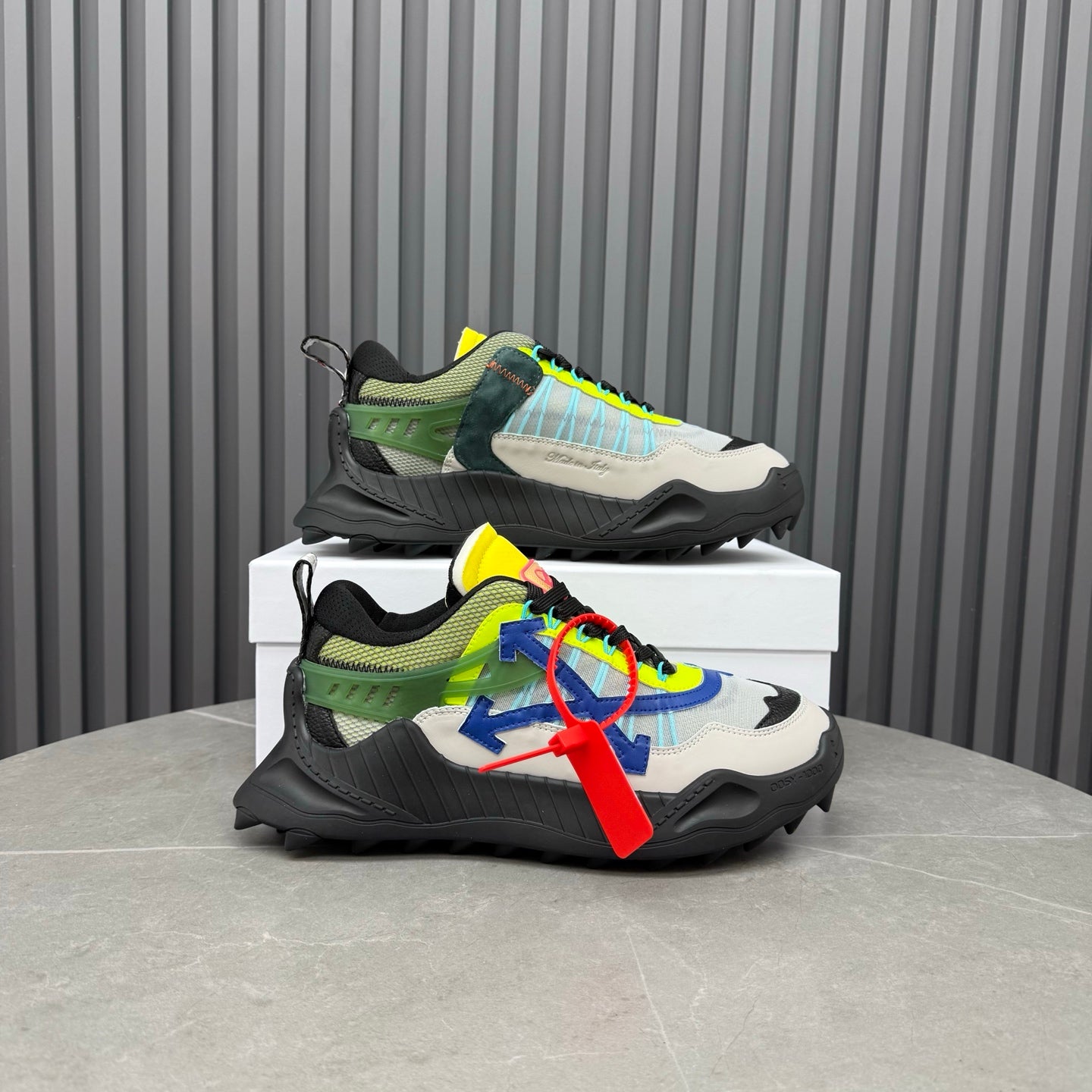 ODSY-1000 Light Grey Multi Sneakers – Matte-Black Spiked Trail Sole Mesh Chunky Sneakers