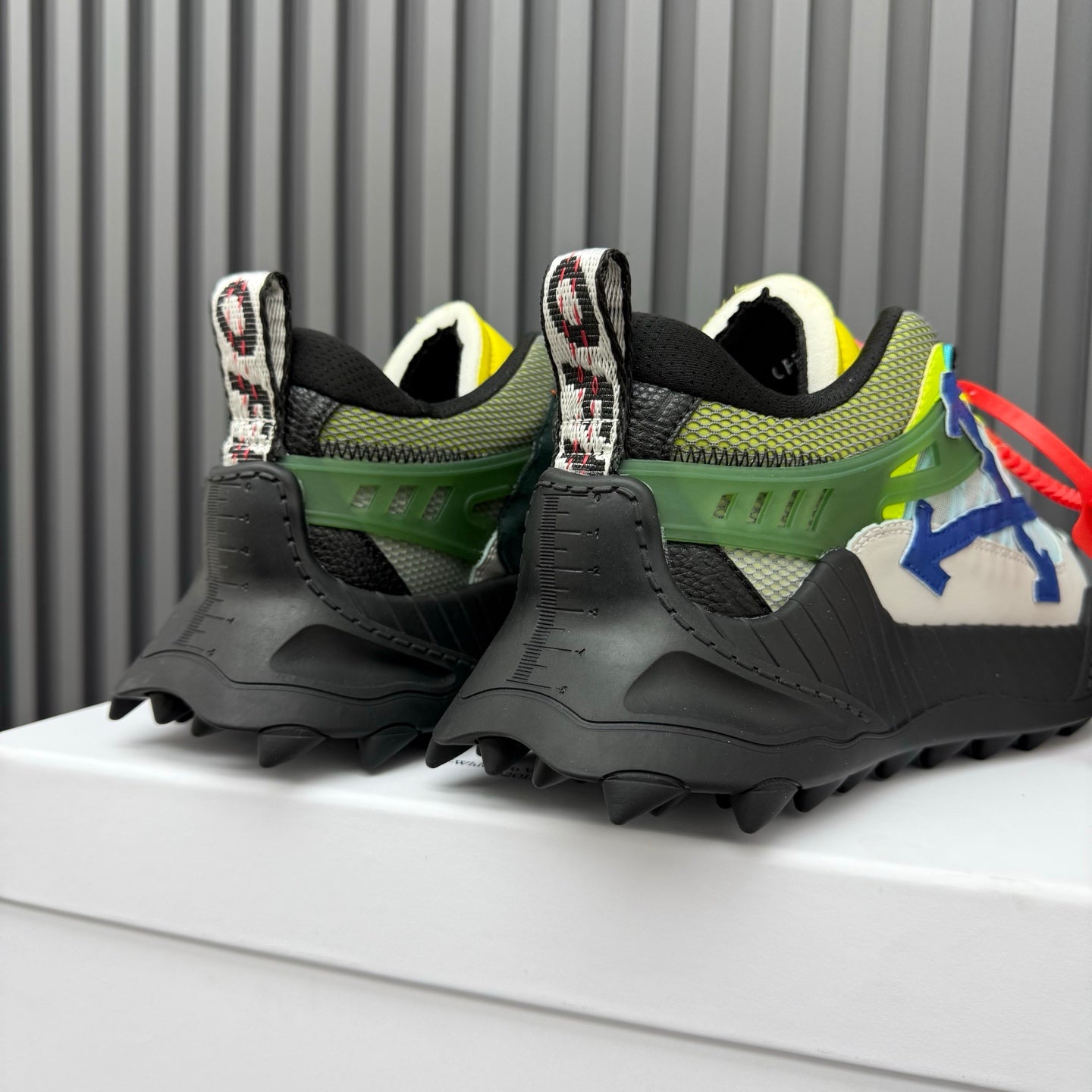 ODSY-1000 Light Grey Multi Sneakers – Matte-Black Spiked Trail Sole Mesh Chunky Sneakers