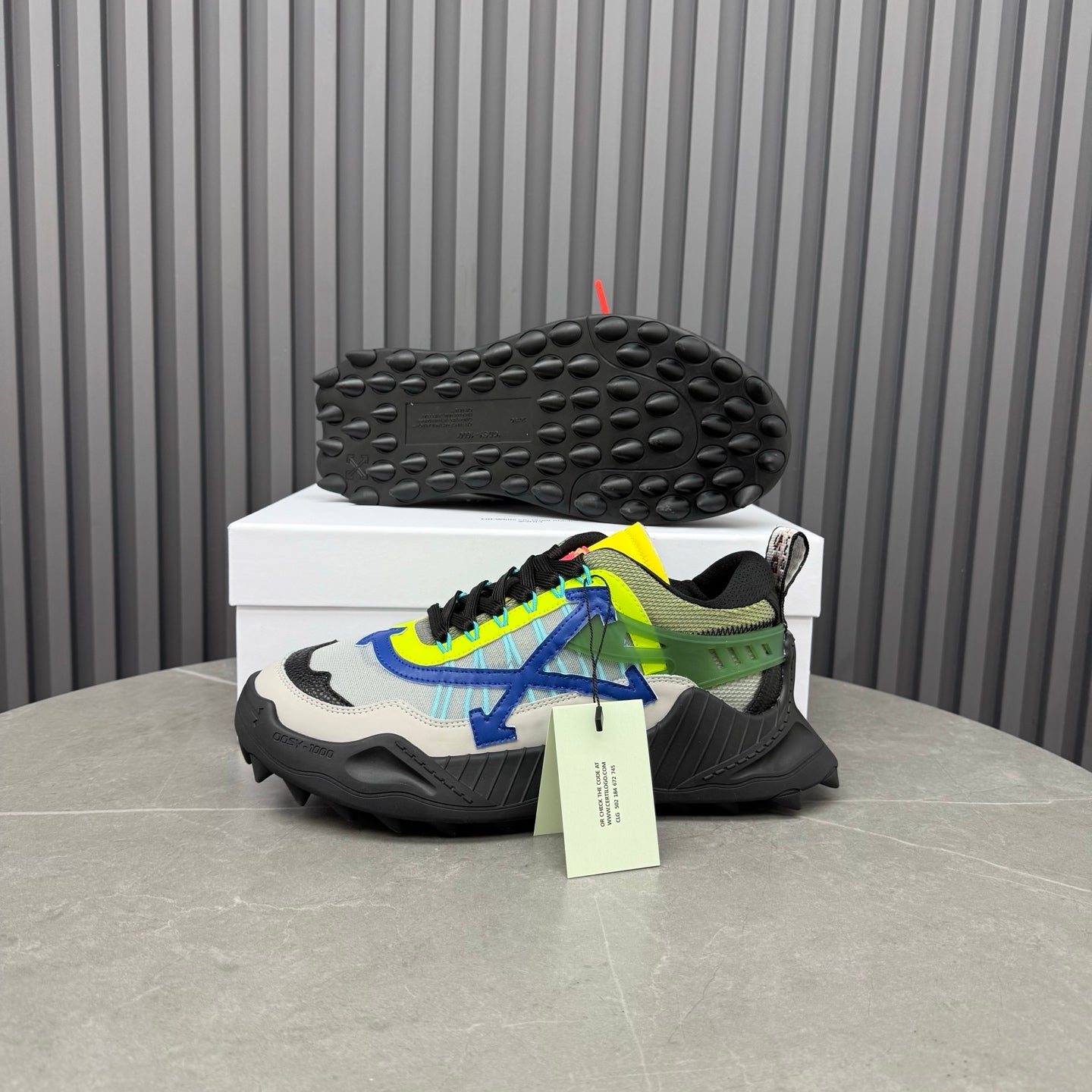 ODSY-1000 Light Grey Multi Sneakers – Matte-Black Spiked Trail Sole Mesh Chunky Sneakers