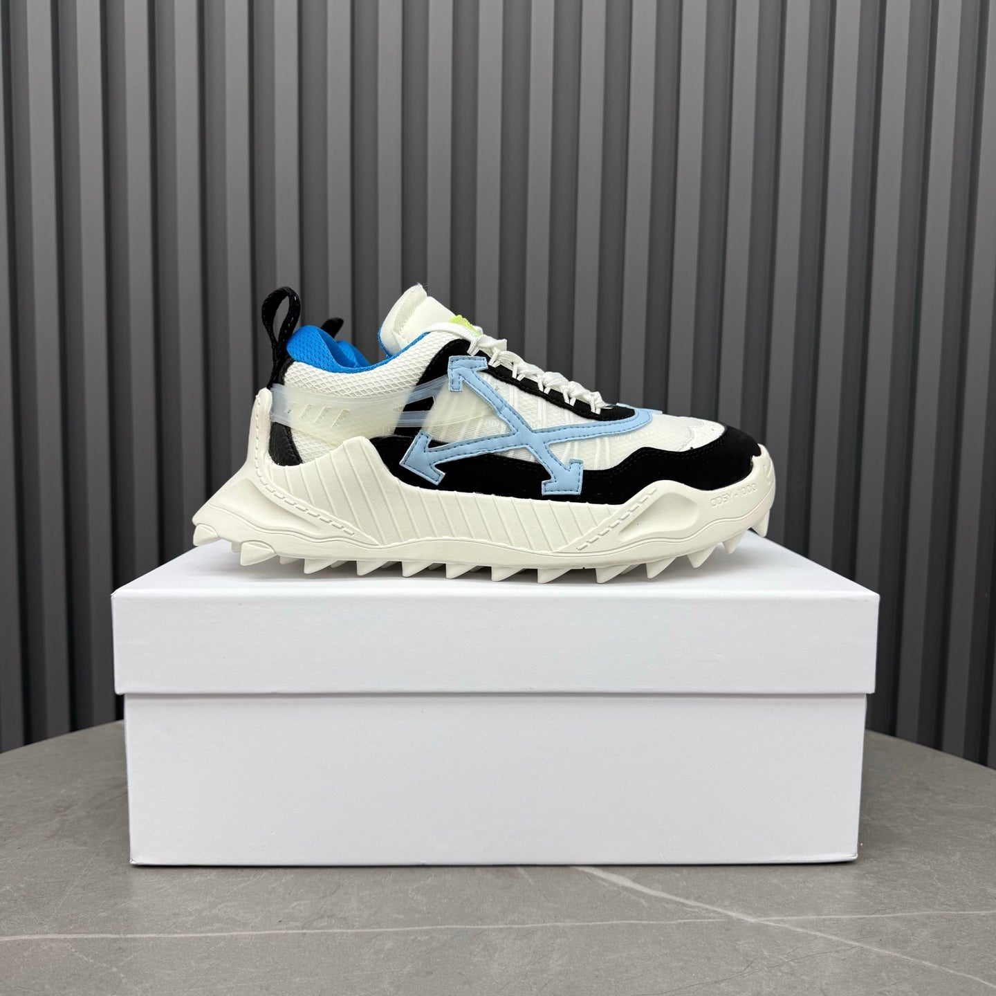 ODSY-1000 White, Black & Blue Sneakers – Cream-White Spiked Trail Sole Mesh and Ripstop Chunky Sneakers