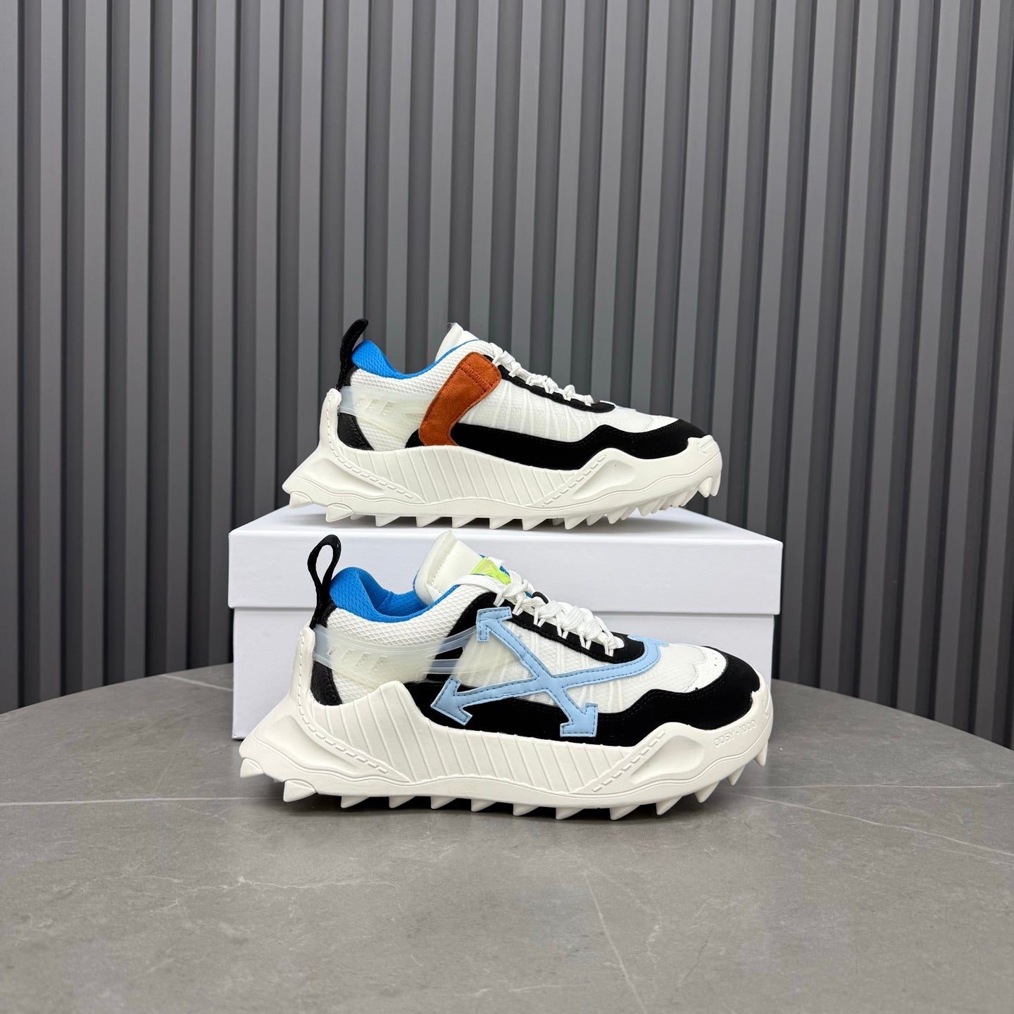 ODSY-1000 White, Black & Blue Sneakers – Cream-White Spiked Trail Sole Mesh and Ripstop Chunky Sneakers
