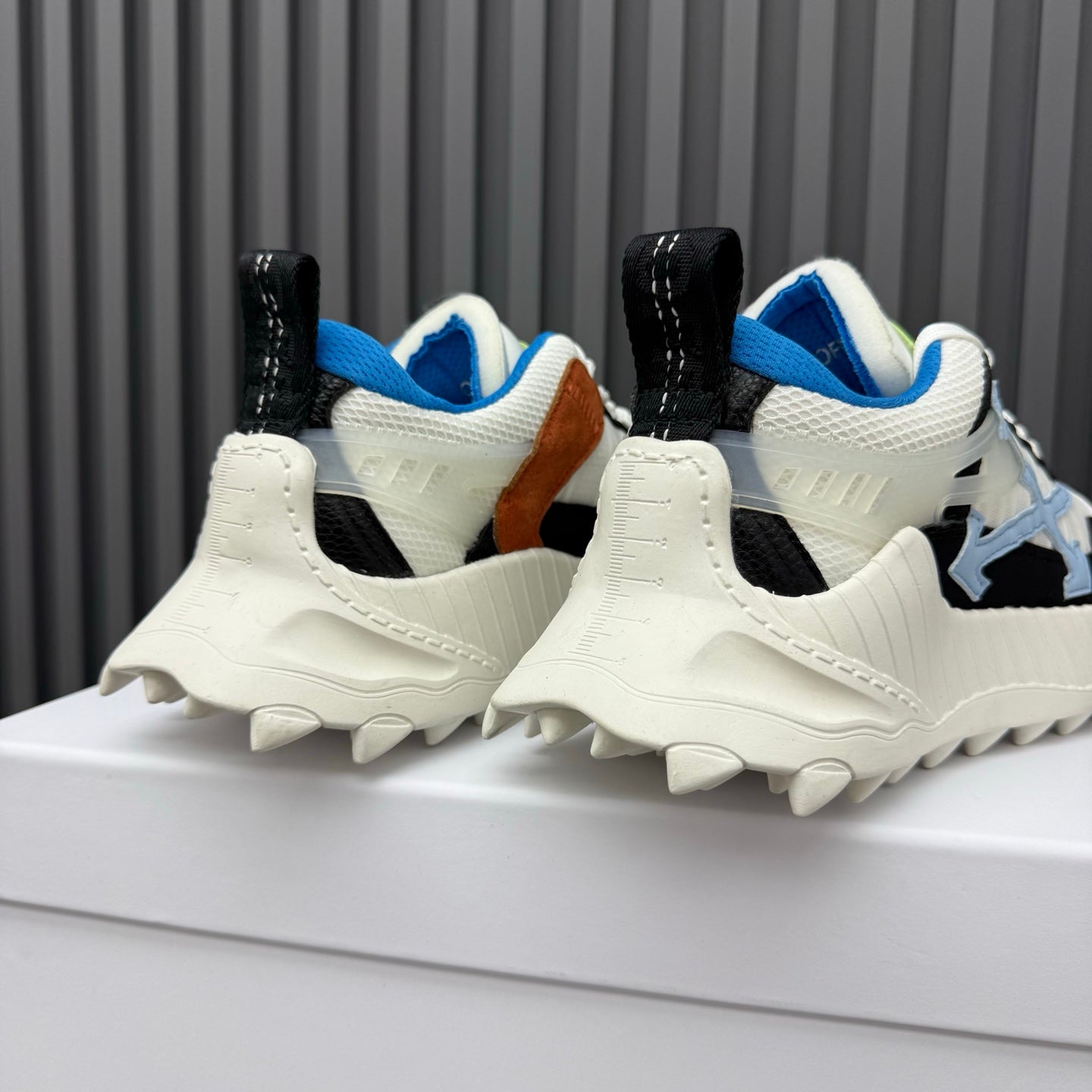 ODSY-1000 White, Black & Blue Sneakers – Cream-White Spiked Trail Sole Mesh and Ripstop Chunky Sneakers