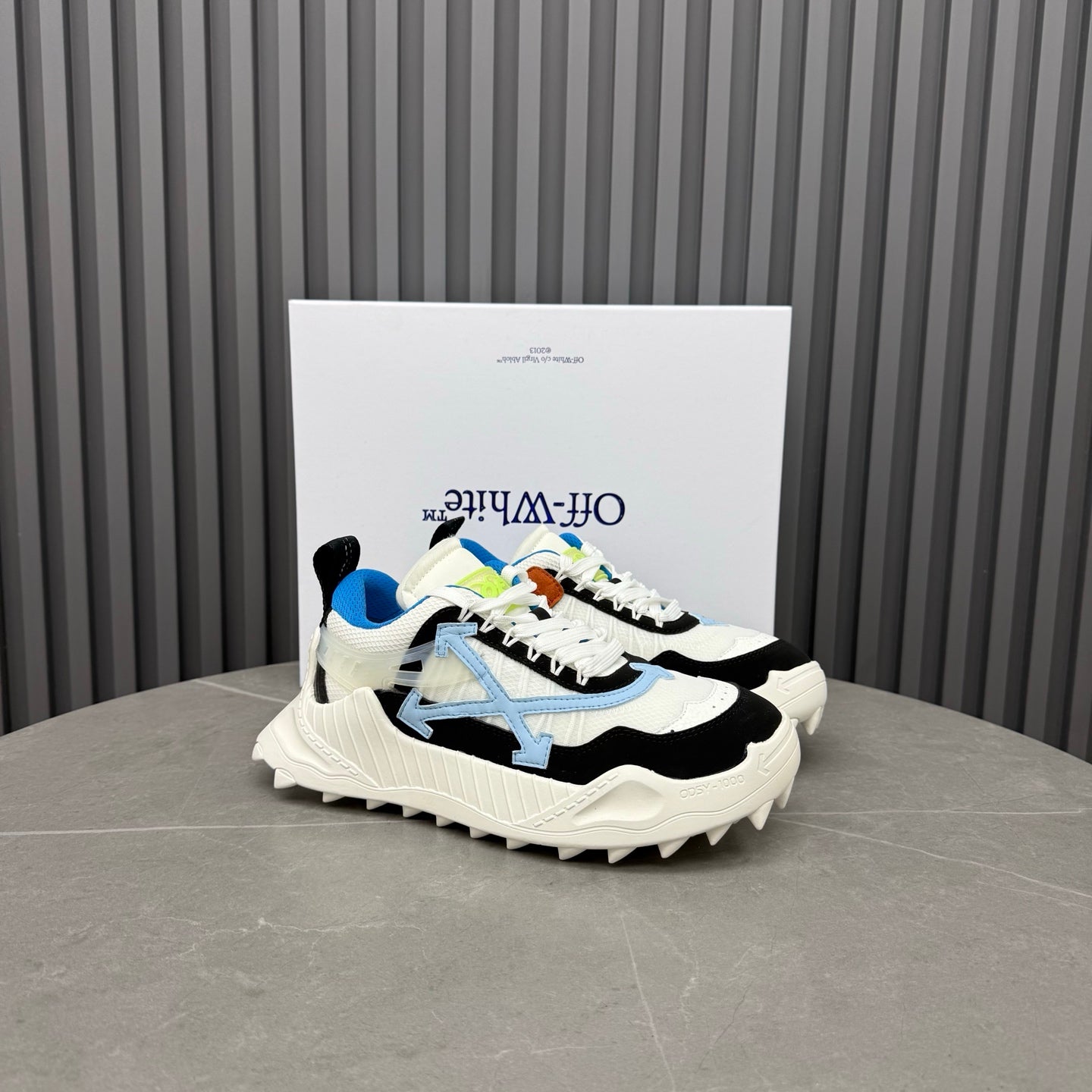 ODSY-1000 White, Black & Blue Sneakers – Cream-White Spiked Trail Sole Mesh and Ripstop Chunky Sneakers