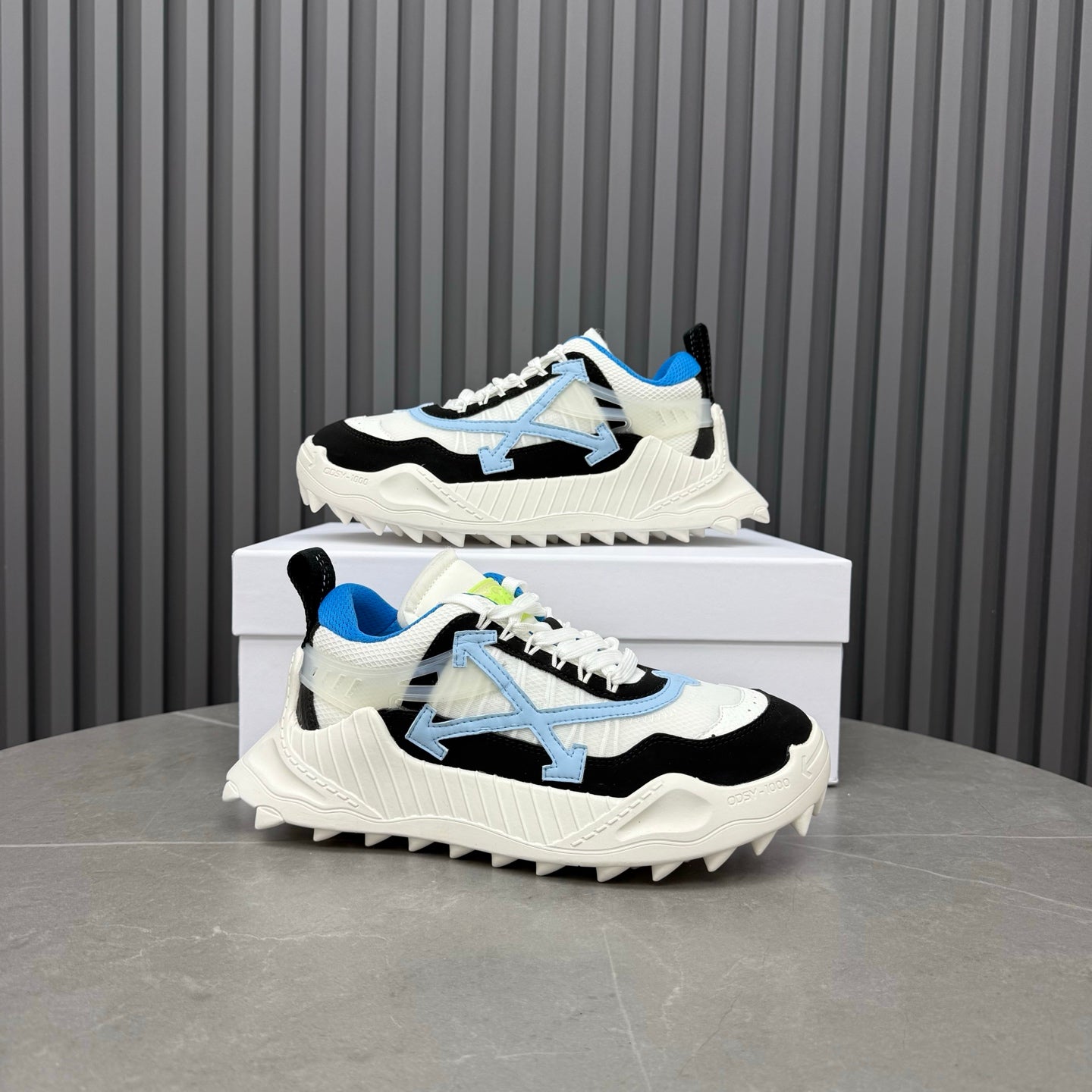 ODSY-1000 White, Black & Blue Sneakers – Cream-White Spiked Trail Sole Mesh and Ripstop Chunky Sneakers