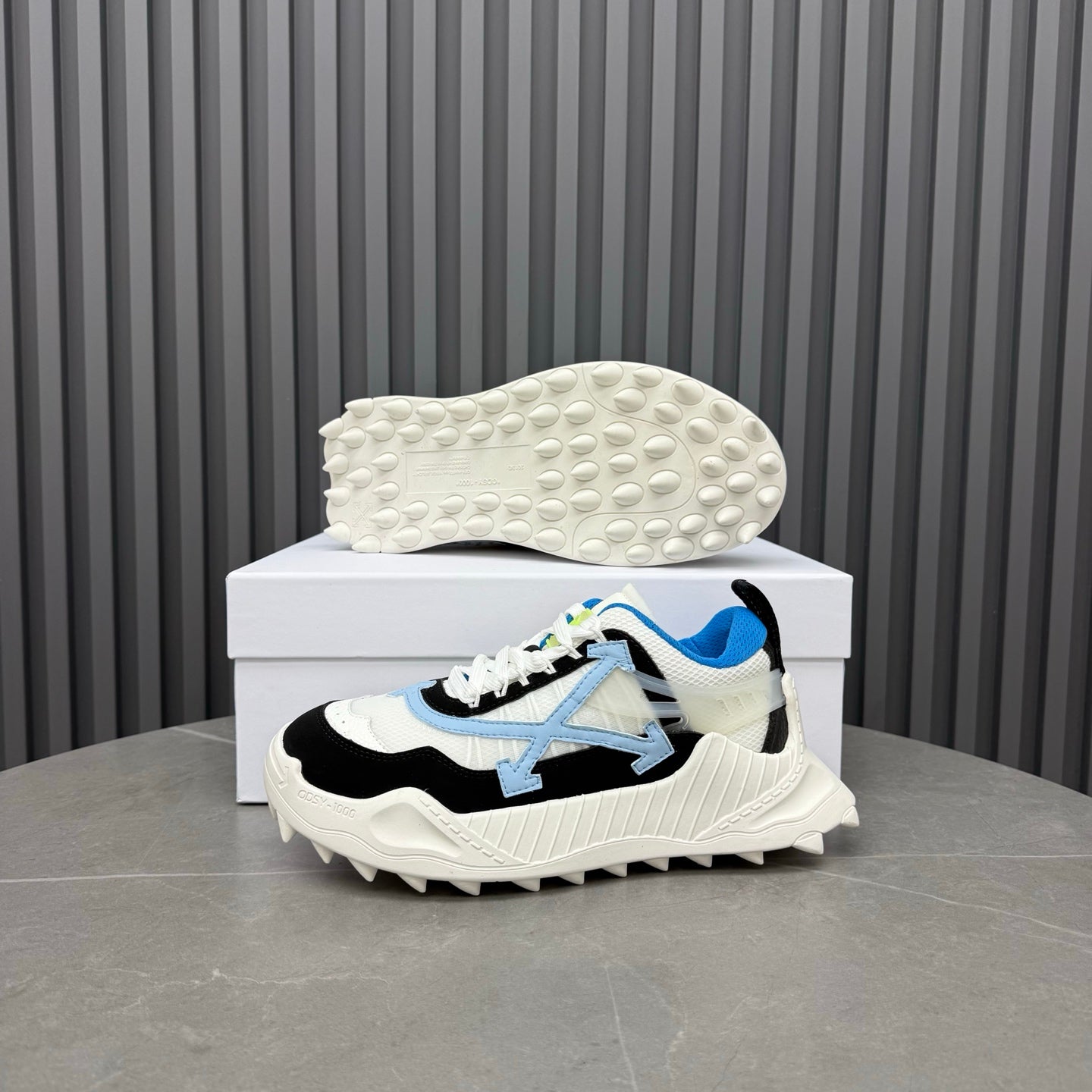 ODSY-1000 White, Black & Blue Sneakers – Cream-White Spiked Trail Sole Mesh and Ripstop Chunky Sneakers