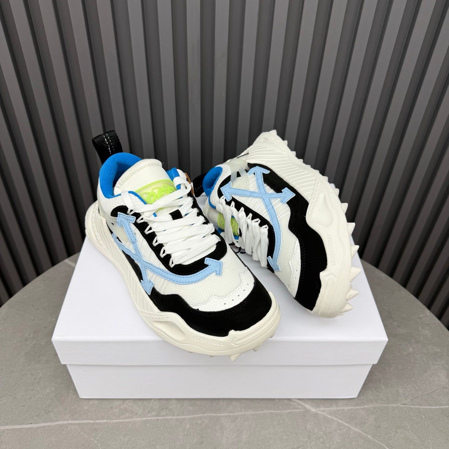 ODSY-1000 White, Black & Blue Sneakers – Cream-White Spiked Trail Sole Mesh and Ripstop Chunky Sneakers