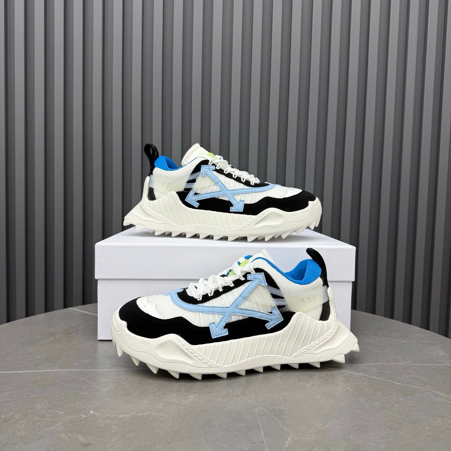 ODSY-1000 White, Black & Blue Sneakers – Cream-White Spiked Trail Sole Mesh and Ripstop Chunky Sneakers