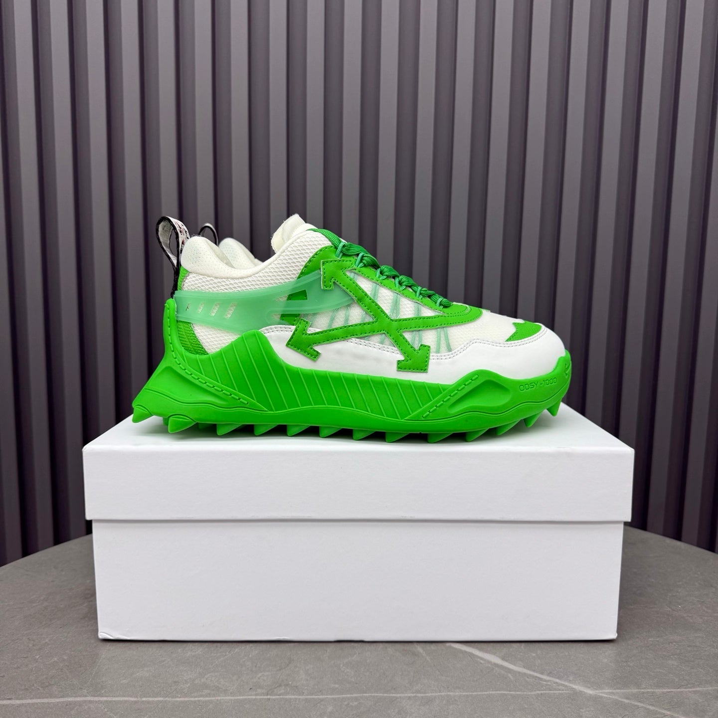 ODSY-1000 White & Green Sneakers – Slime Green Spiked Trail Sole Mesh and Ripstop Chunky Sneakers