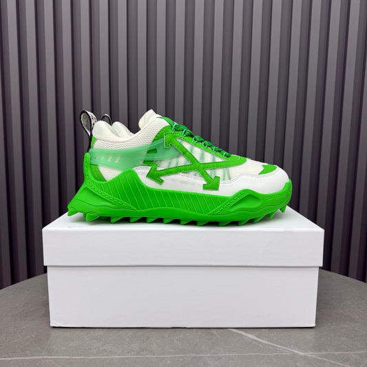ODSY-1000 White & Green Sneakers – Slime Green Spiked Trail Sole Mesh and Ripstop Chunky Sneakers