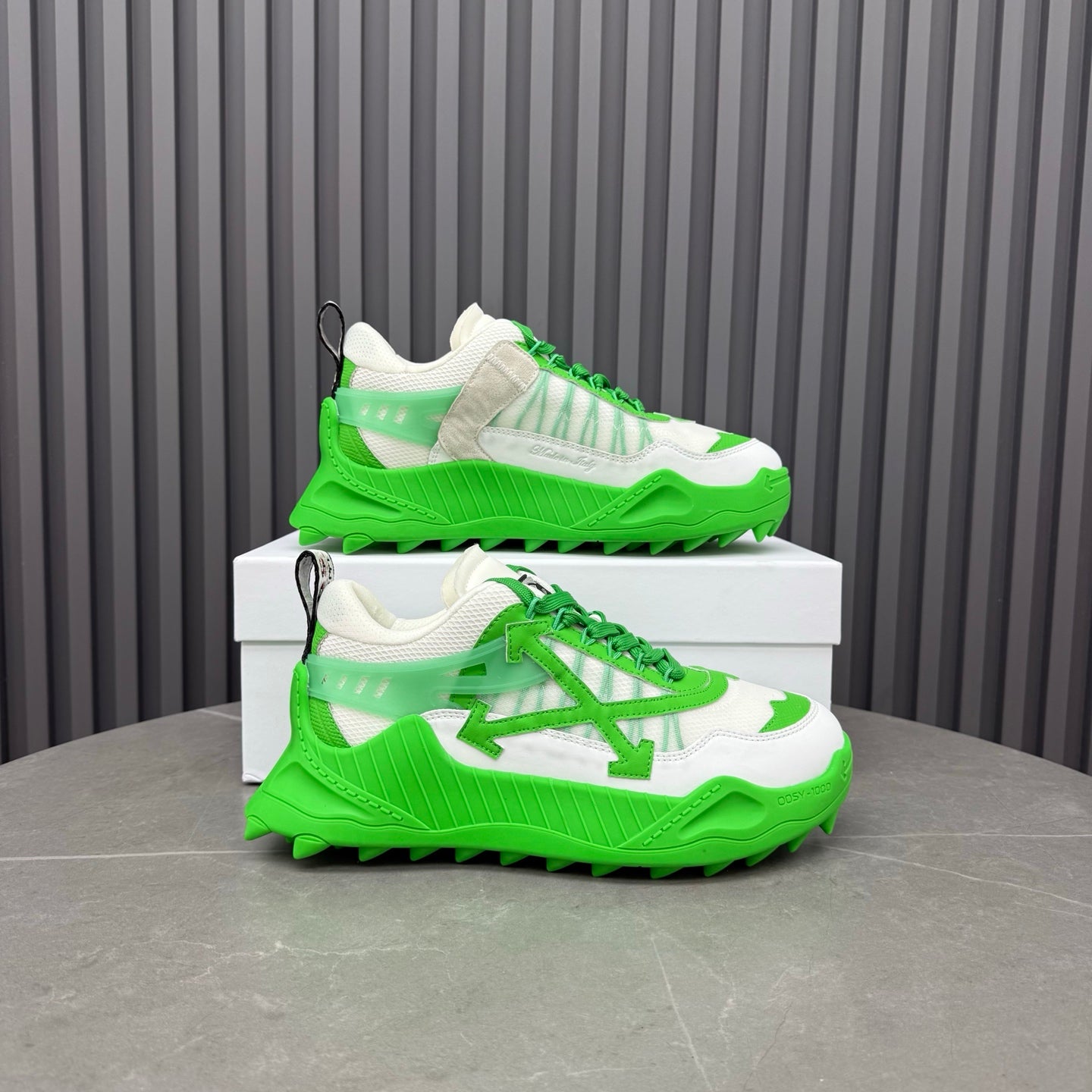 ODSY-1000 White & Green Sneakers – Slime Green Spiked Trail Sole Mesh and Ripstop Chunky Sneakers