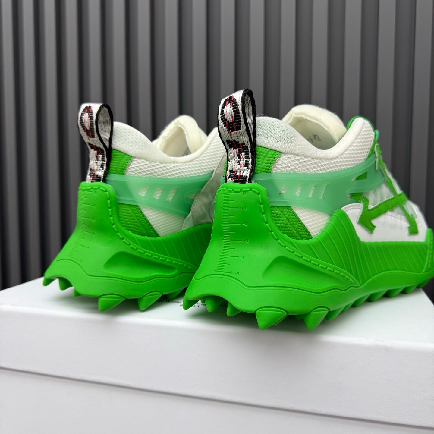 ODSY-1000 White & Green Sneakers – Slime Green Spiked Trail Sole Mesh and Ripstop Chunky Sneakers