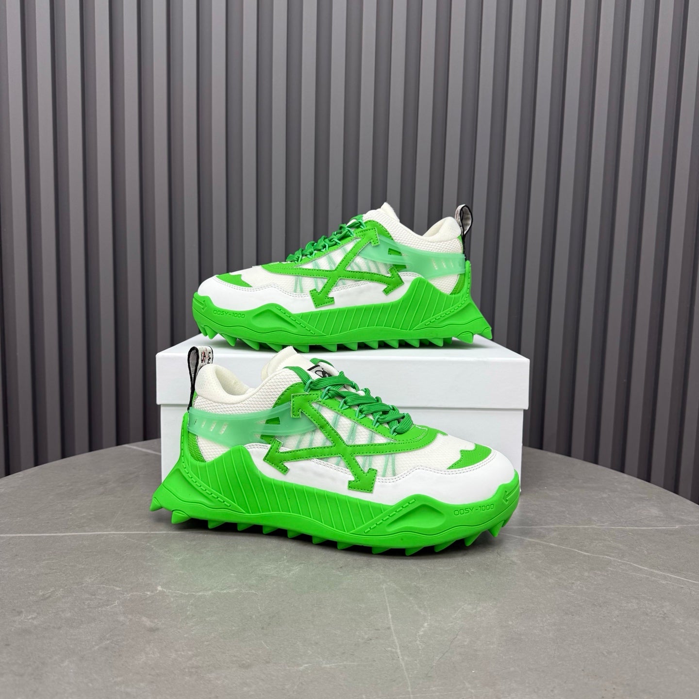 ODSY-1000 White & Green Sneakers – Slime Green Spiked Trail Sole Mesh and Ripstop Chunky Sneakers