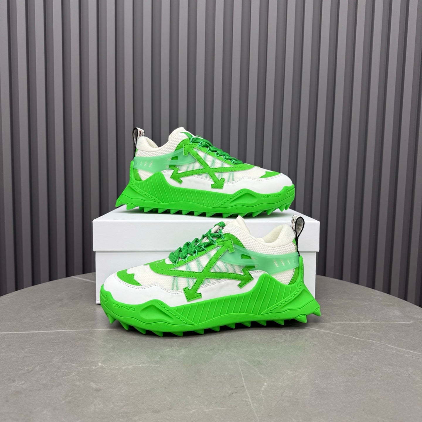 ODSY-1000 White & Green Sneakers – Slime Green Spiked Trail Sole Mesh and Ripstop Chunky Sneakers