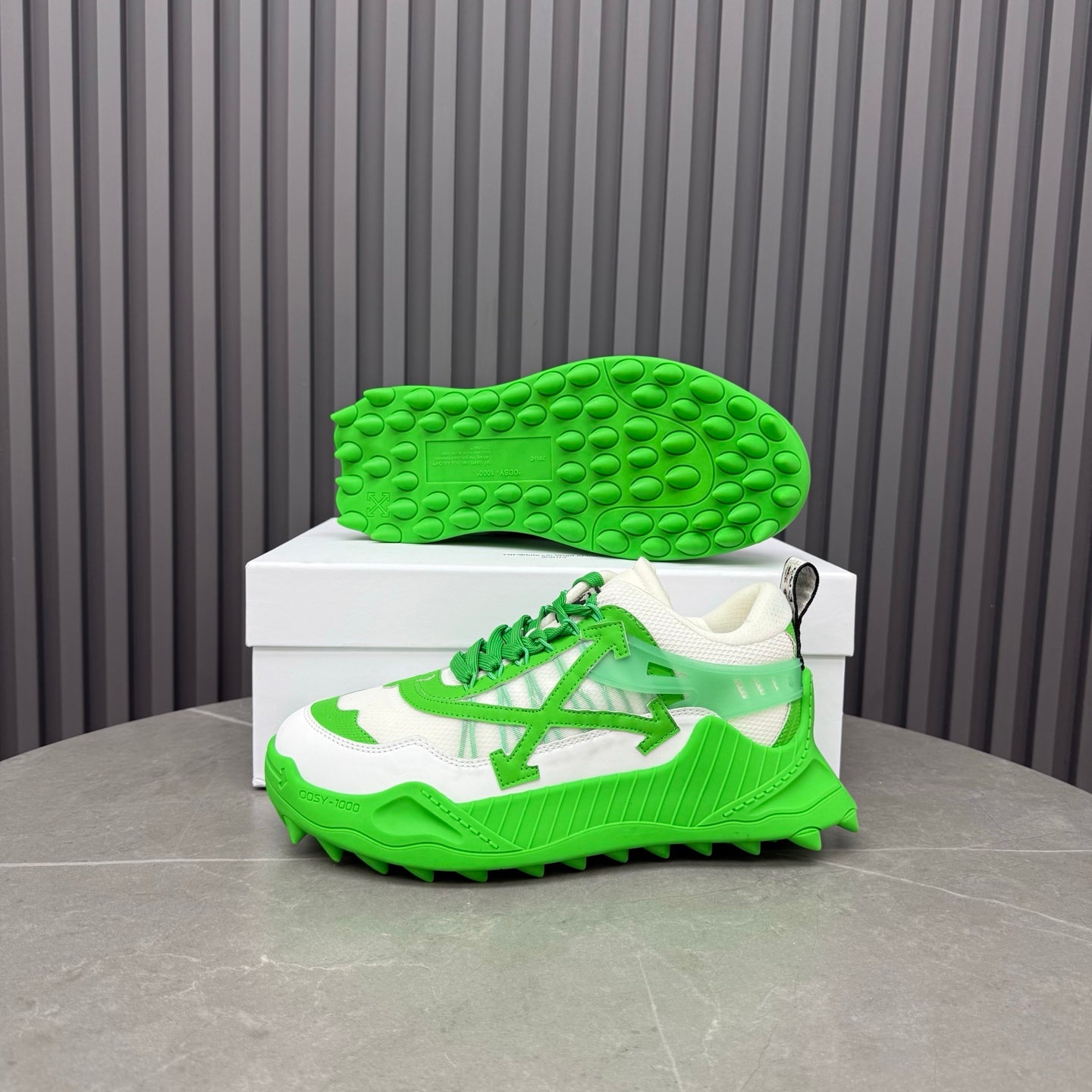ODSY-1000 White & Green Sneakers – Slime Green Spiked Trail Sole Mesh and Ripstop Chunky Sneakers