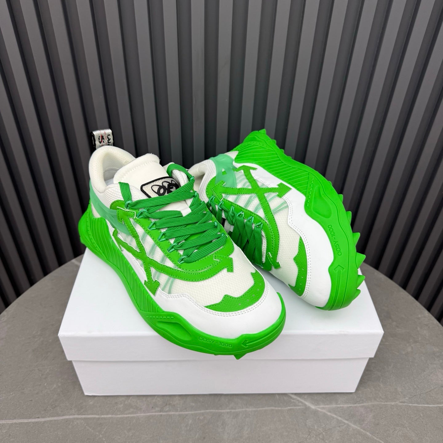 ODSY-1000 White & Green Sneakers – Slime Green Spiked Trail Sole Mesh and Ripstop Chunky Sneakers