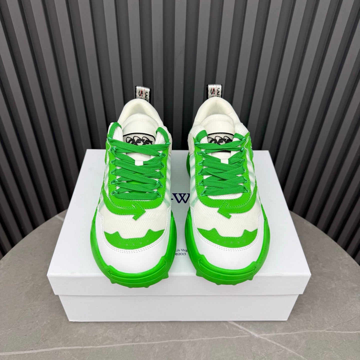 ODSY-1000 White & Green Sneakers – Slime Green Spiked Trail Sole Mesh and Ripstop Chunky Sneakers