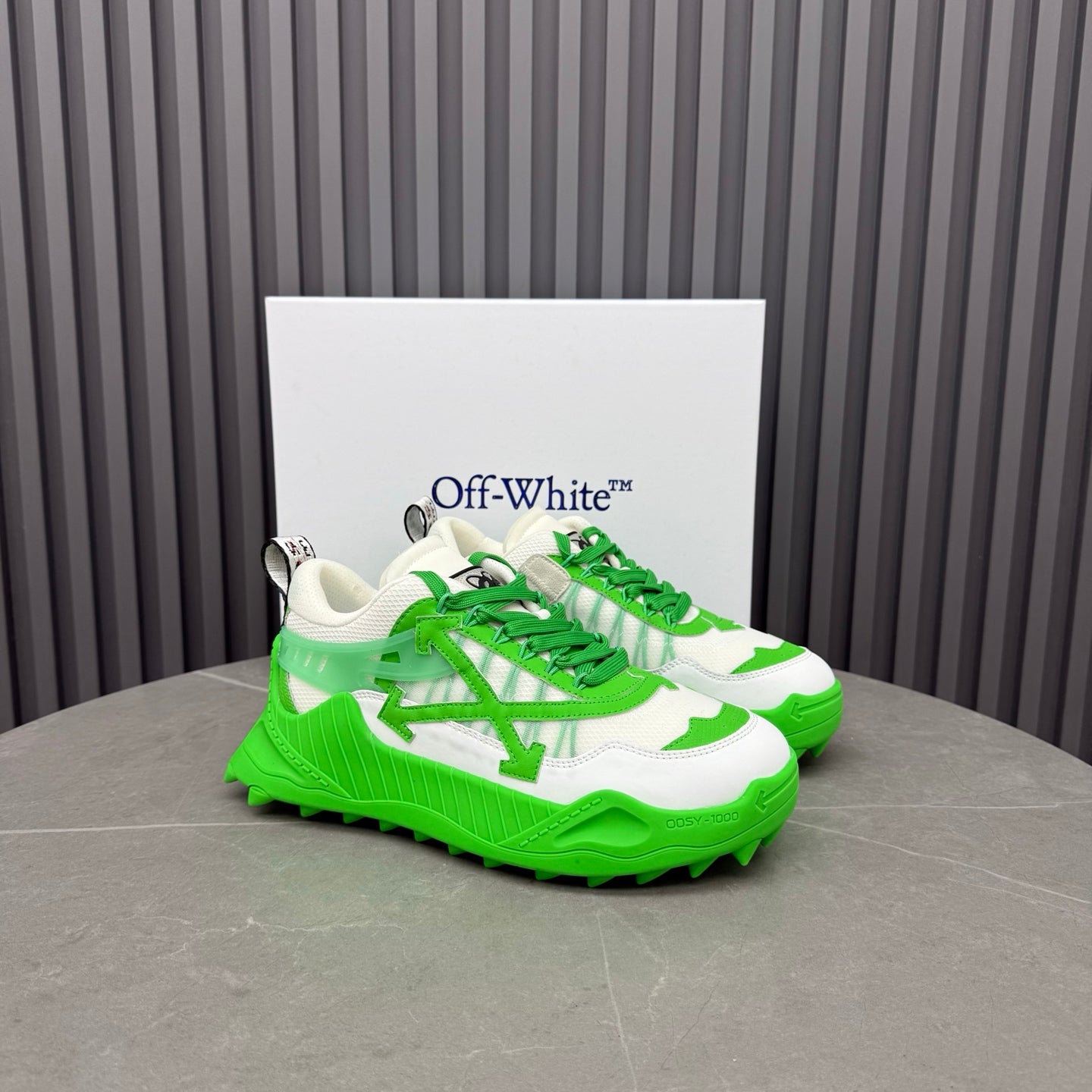ODSY-1000 White & Green Sneakers – Slime Green Spiked Trail Sole Mesh and Ripstop Chunky Sneakers