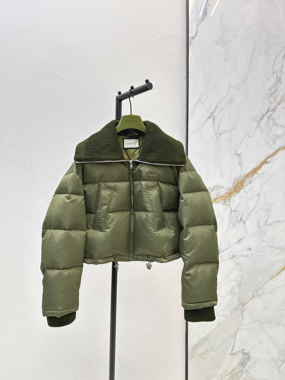 Cropped Puffer Jacket – Olive Green Technical Satin with Ribbed Knit Collar | Women’s Luxury Down Coat