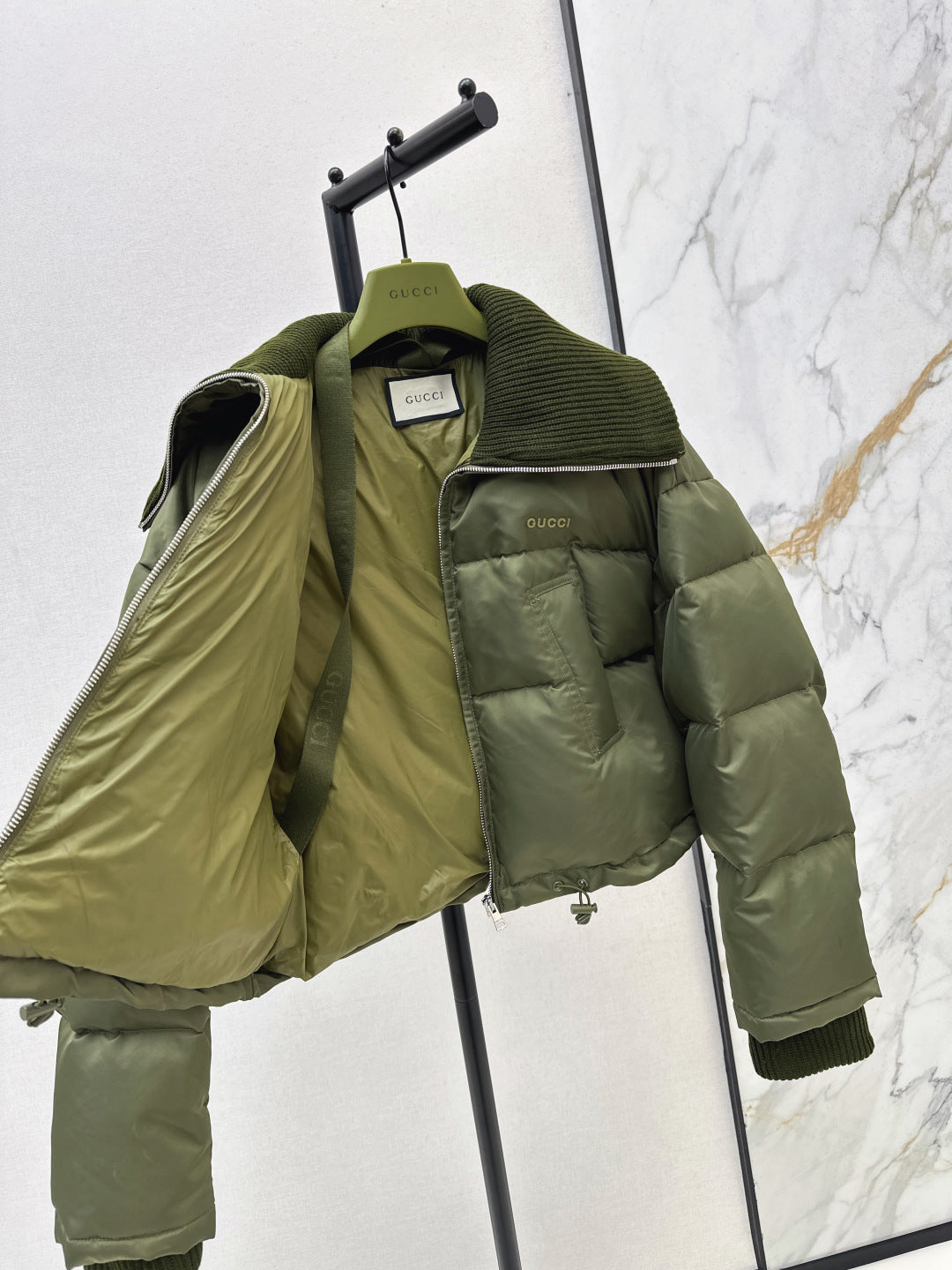 Cropped Puffer Jacket – Olive Green Technical Satin with Ribbed Knit Collar | Women’s Luxury Down Coat