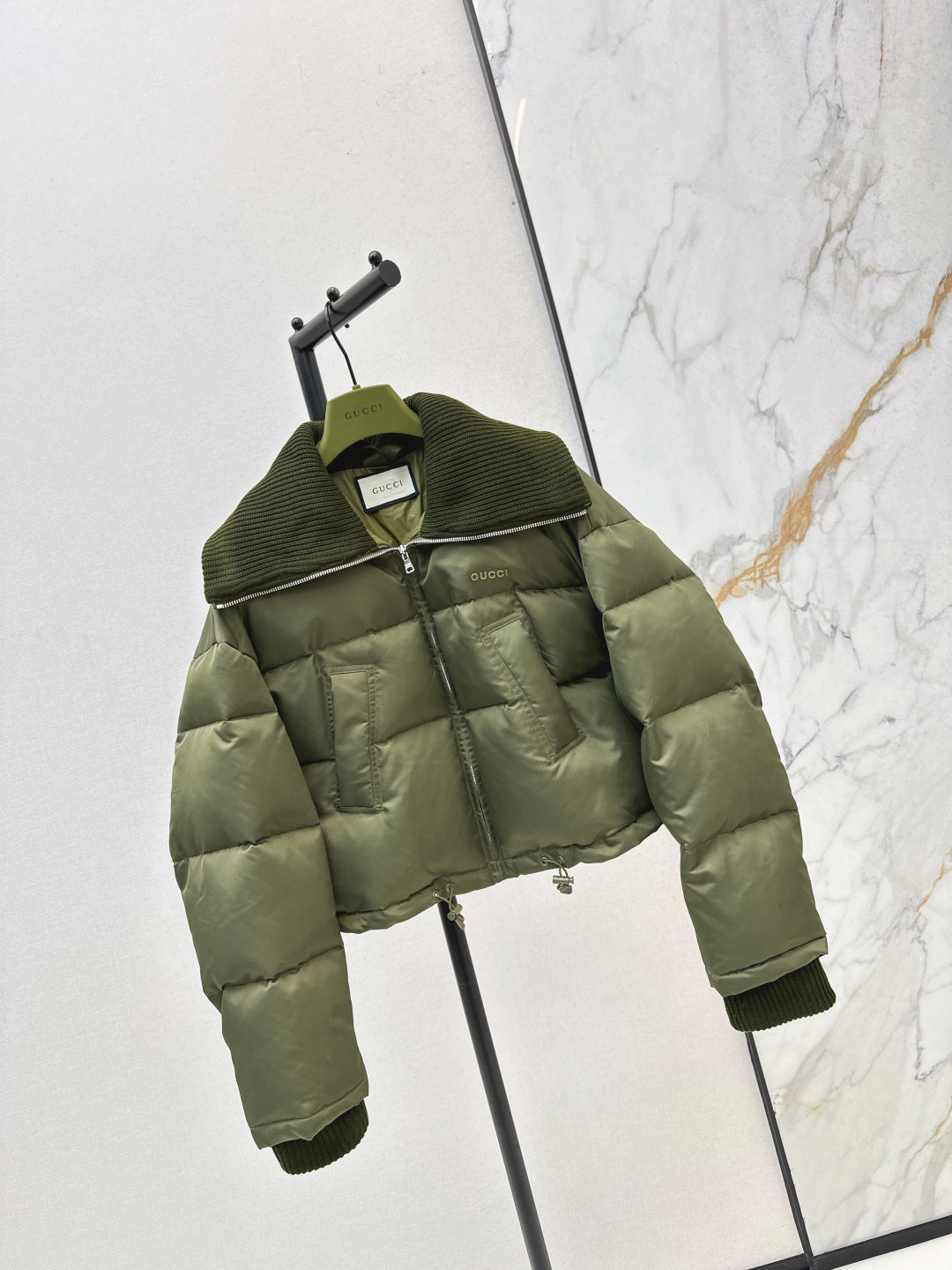 Cropped Puffer Jacket – Olive Green Technical Satin with Ribbed Knit Collar | Women’s Luxury Down Coat