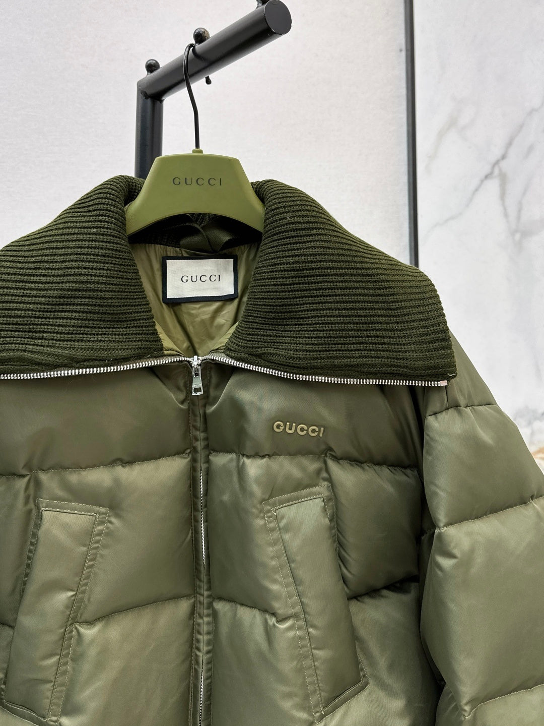 Cropped Puffer Jacket – Olive Green Technical Satin with Ribbed Knit Collar | Women’s Luxury Down Coat