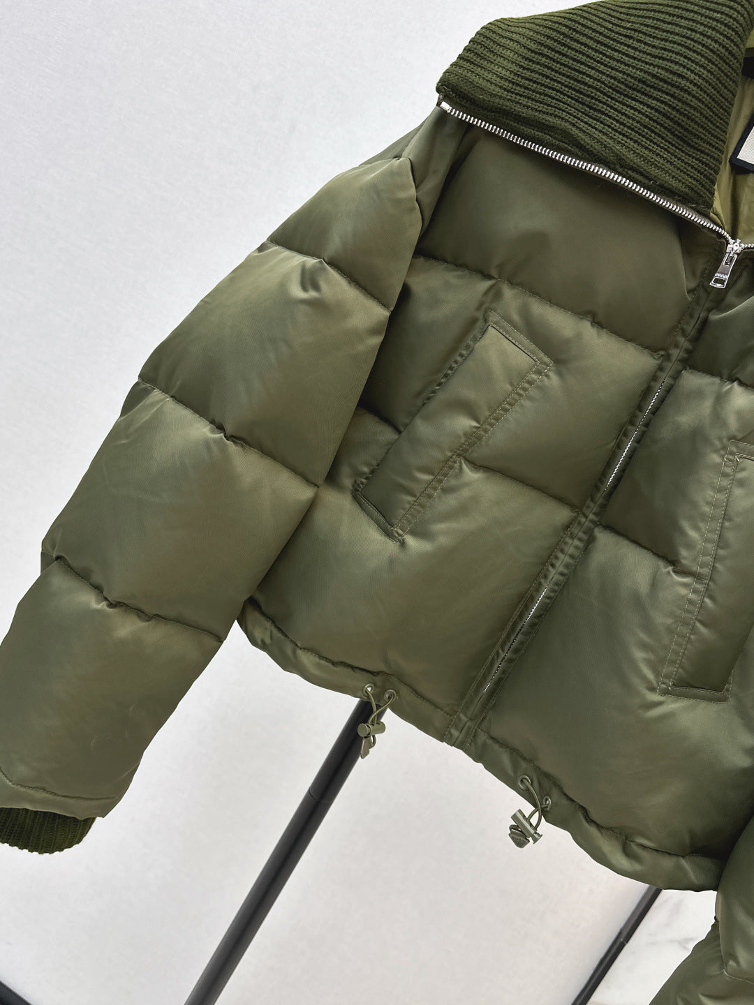 Cropped Puffer Jacket – Olive Green Technical Satin with Ribbed Knit Collar | Women’s Luxury Down Coat
