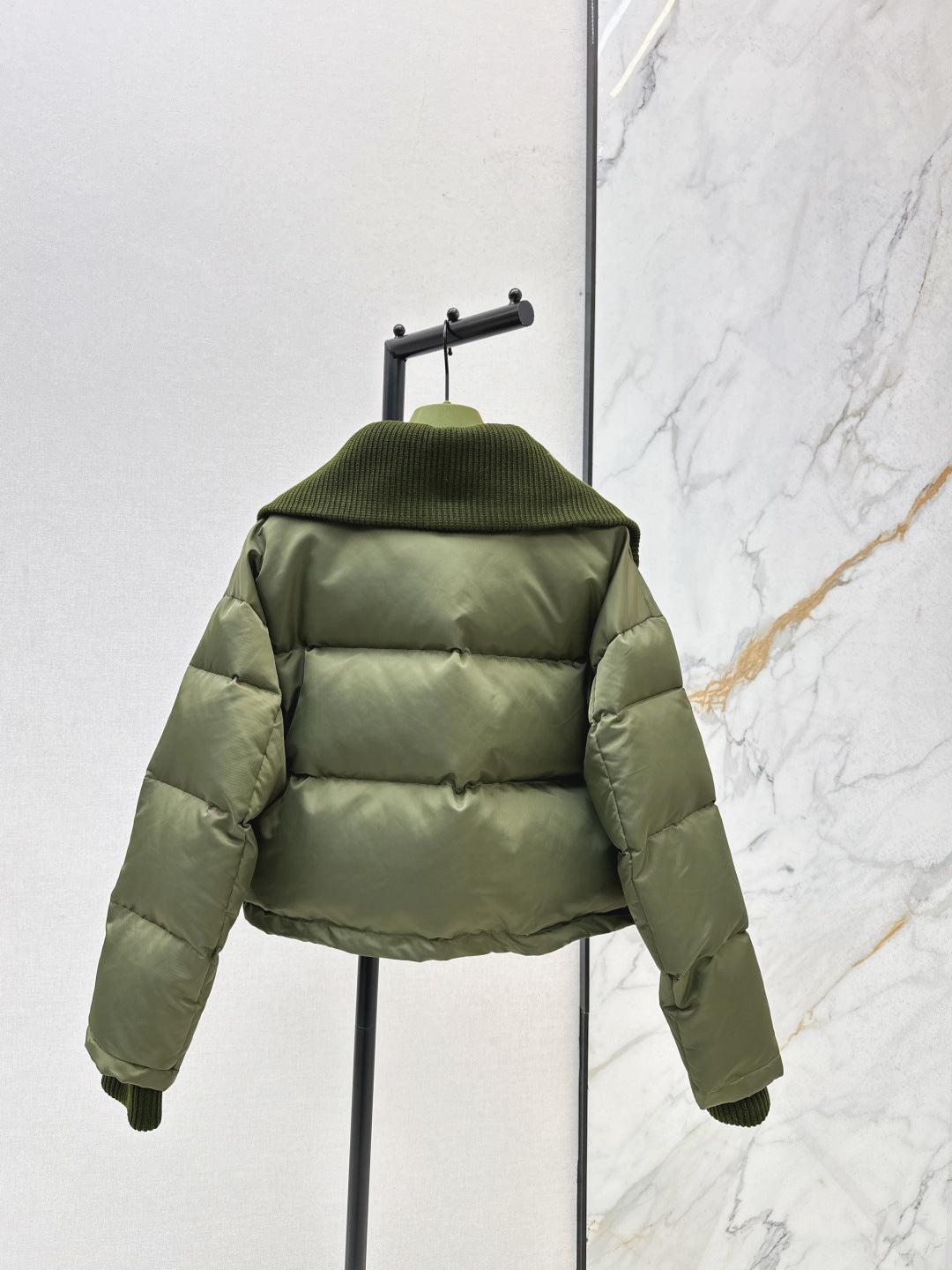 Cropped Puffer Jacket – Olive Green Technical Satin with Ribbed Knit Collar | Women’s Luxury Down Coat