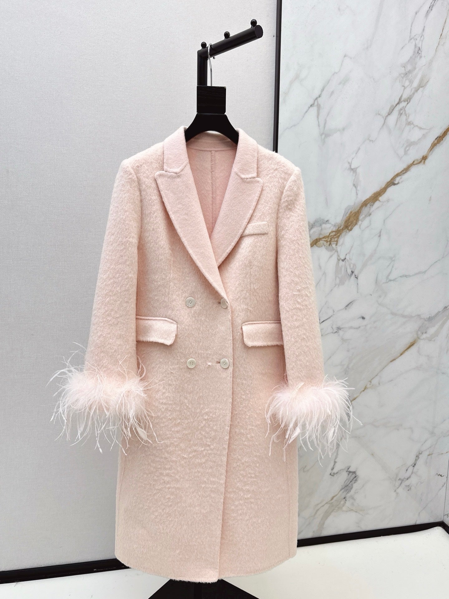Feather Cuff Tailored Double-Breasted Wool-Blend Long Coat