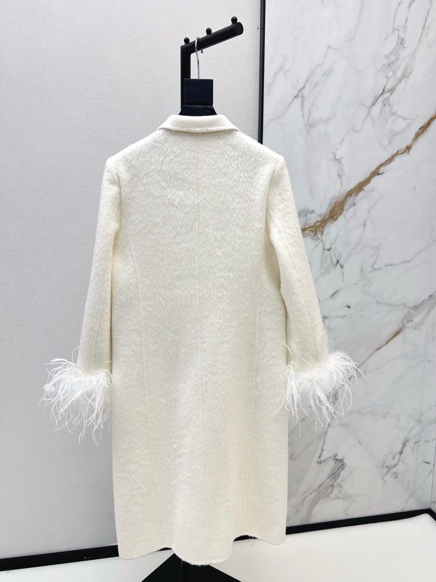 Feather Cuff Tailored Double-Breasted Wool-Blend Long Coat