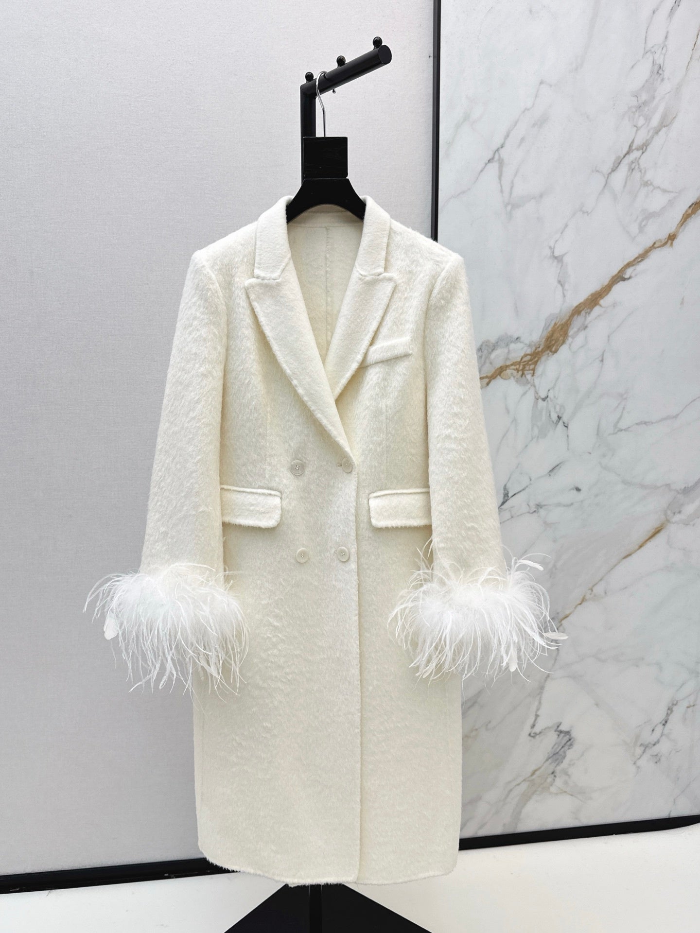 Feather Cuff Tailored Double-Breasted Wool-Blend Long Coat