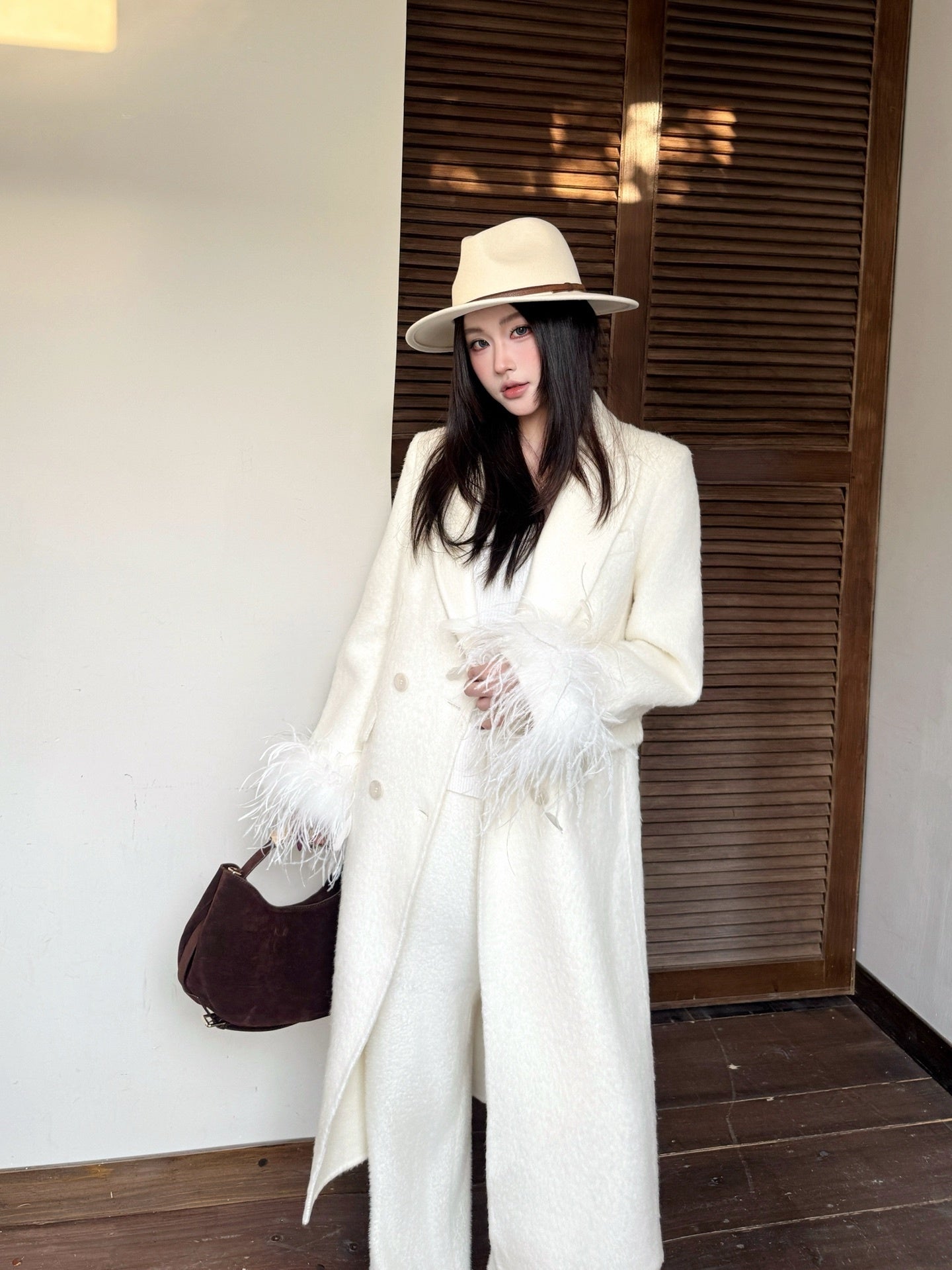 Feather Cuff Tailored Double-Breasted Wool-Blend Long Coat