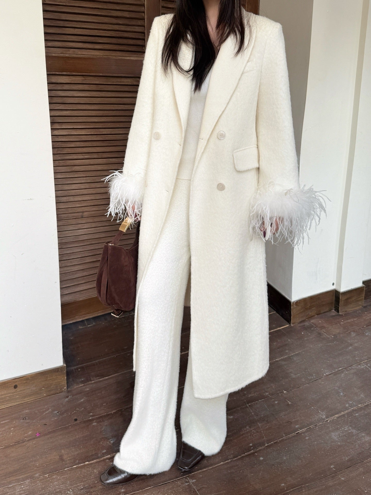 Feather Cuff Tailored Double-Breasted Wool-Blend Long Coat