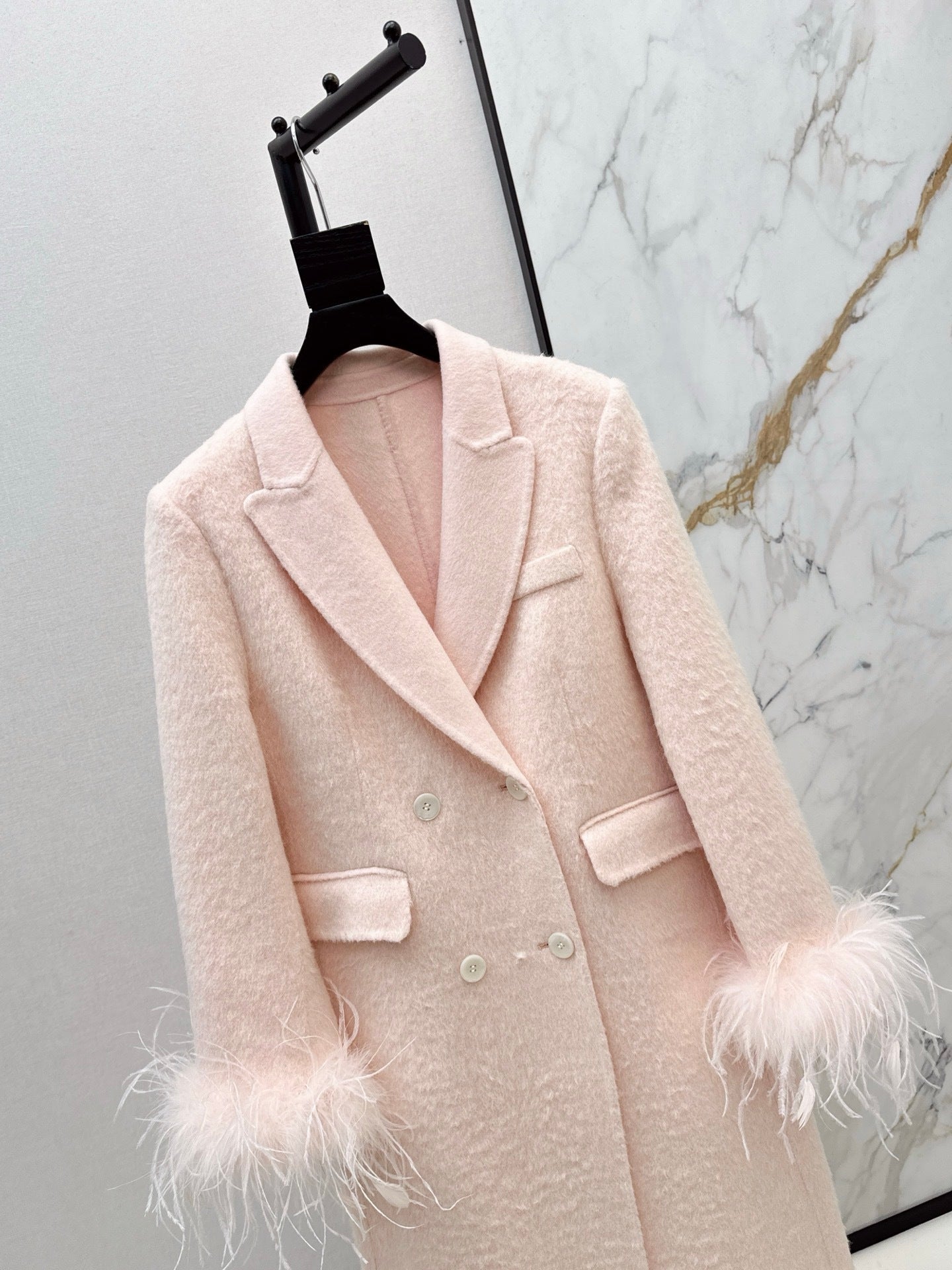 Feather Cuff Tailored Double-Breasted Wool-Blend Long Coat