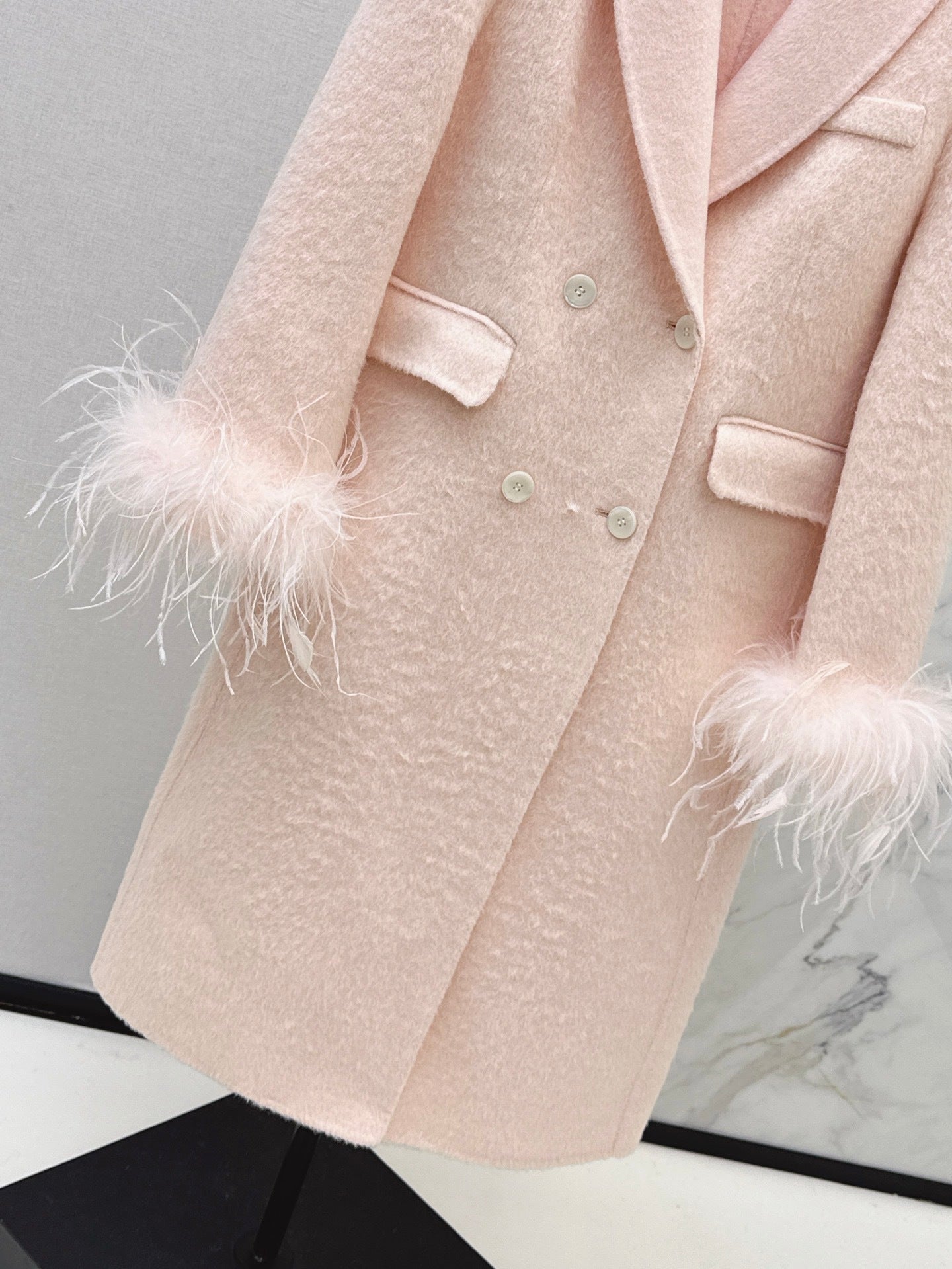 Feather Cuff Tailored Double-Breasted Wool-Blend Long Coat