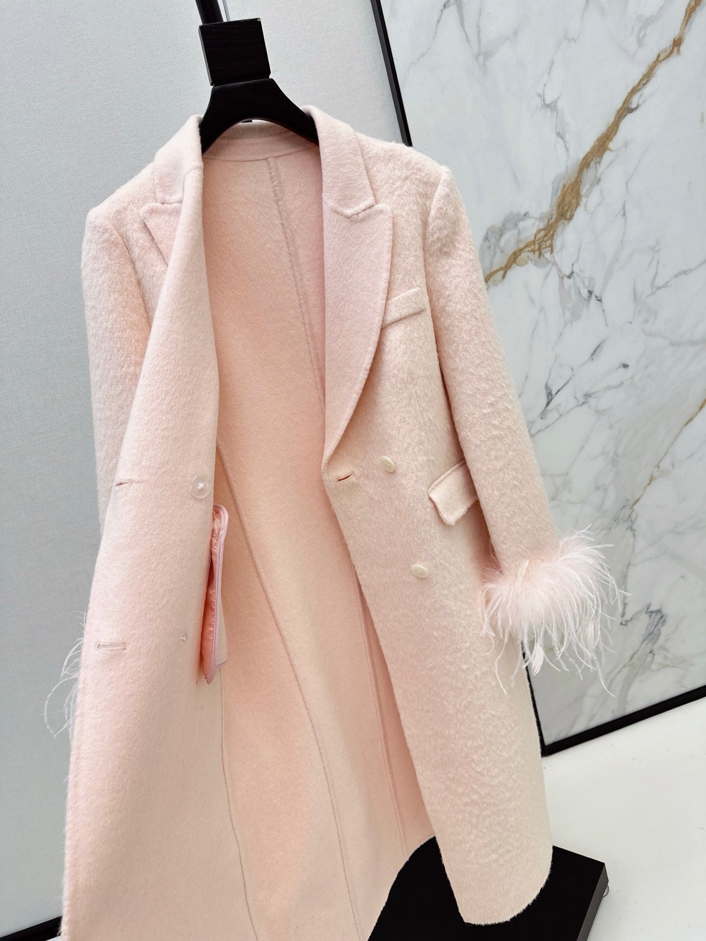 Feather Cuff Tailored Double-Breasted Wool-Blend Long Coat