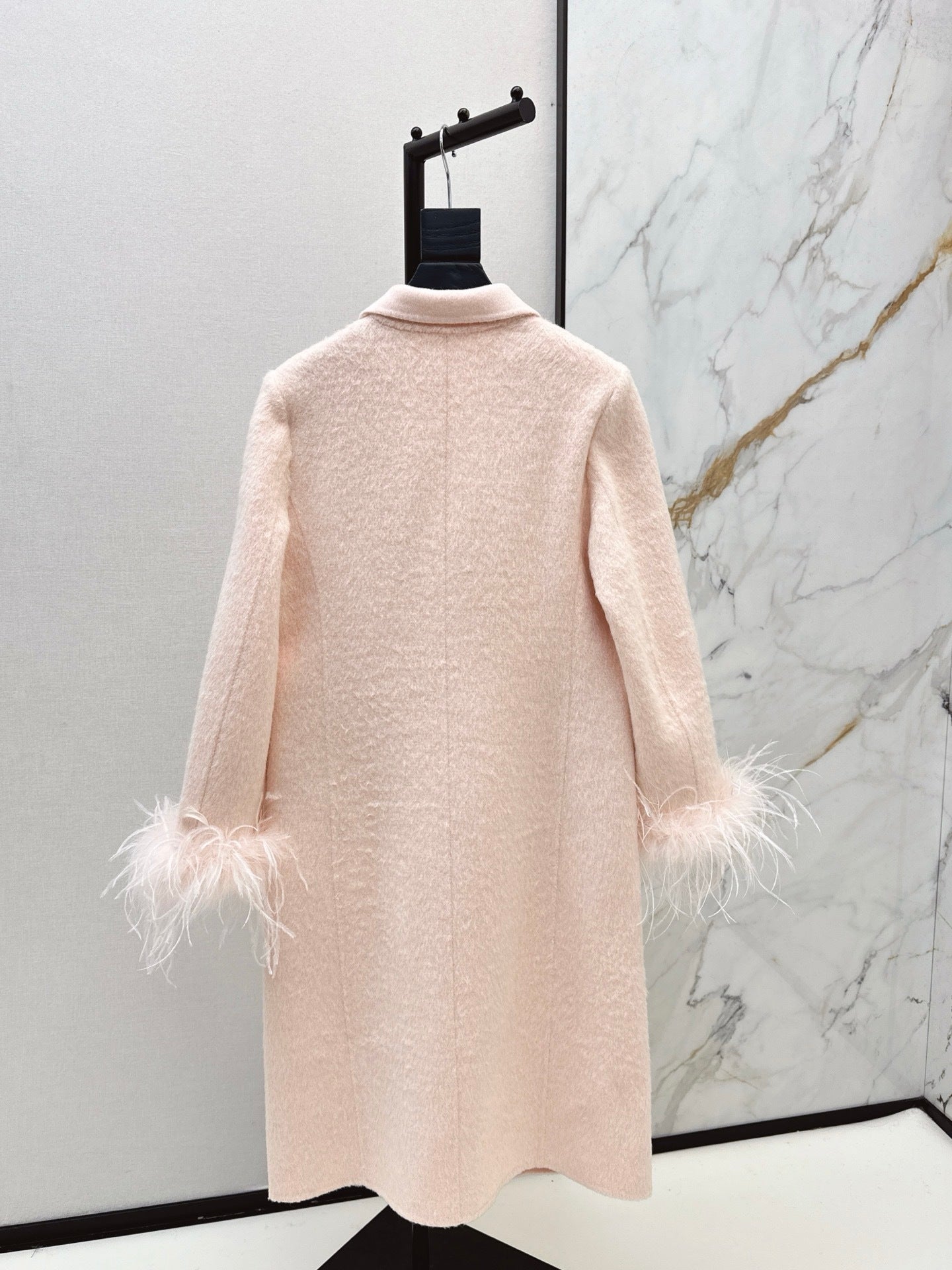 Feather Cuff Tailored Double-Breasted Wool-Blend Long Coat